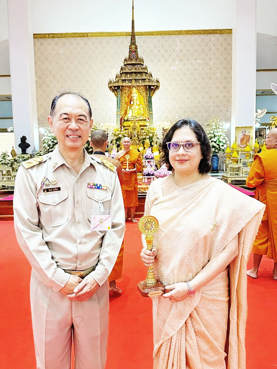 IndiainThailand's tweet photo. On behalf of the Embassy of India, Bangkok, DCM Ms Paulomi Tripathi receives Sao Semma Dhammachak Award 2025 from Her Royal Highness Princess Maha Chakri Sirindhorn at a ceremony held at  Wat Pathum Wanaram, Bangkok on 2 June 2026. 

This award is conferred by the Ministry of Culture of Thailand in recognition of outstanding contributions in promotion of Buddhism in the country.

ในนามของสถานเอกอัครราชทูตอินเดีย ประจำประเทศไทย อุปทูต ปอโลมี ตริปาฐี เข้ารับรางวัลพระราชทาน เสาเสมาธรรมจักร ประจำปี 2568 จากสมเด็จพระกนิษฐาธิราชเจ้า กรมสมเด็จพระเทพรัตนราชสุดาฯ สยามบรมราชกุมารี ในพิธีที่จัดขึ้น ณ วัดปทุมวนาราม ราชวรวิหาร กรุงเทพมหานคร เมื่อวันที่ 2 มิถุนายน 2569

รางวัลดังกล่าวมอบโดยกระทรวงวัฒนธรรมแห่งประเทศไทย เพื่อยกย่องบุคคลและองค์กรที่มีผลงานดีเด่นในการส่งเสริมพระพุทธศาสนาในประเทศไทย