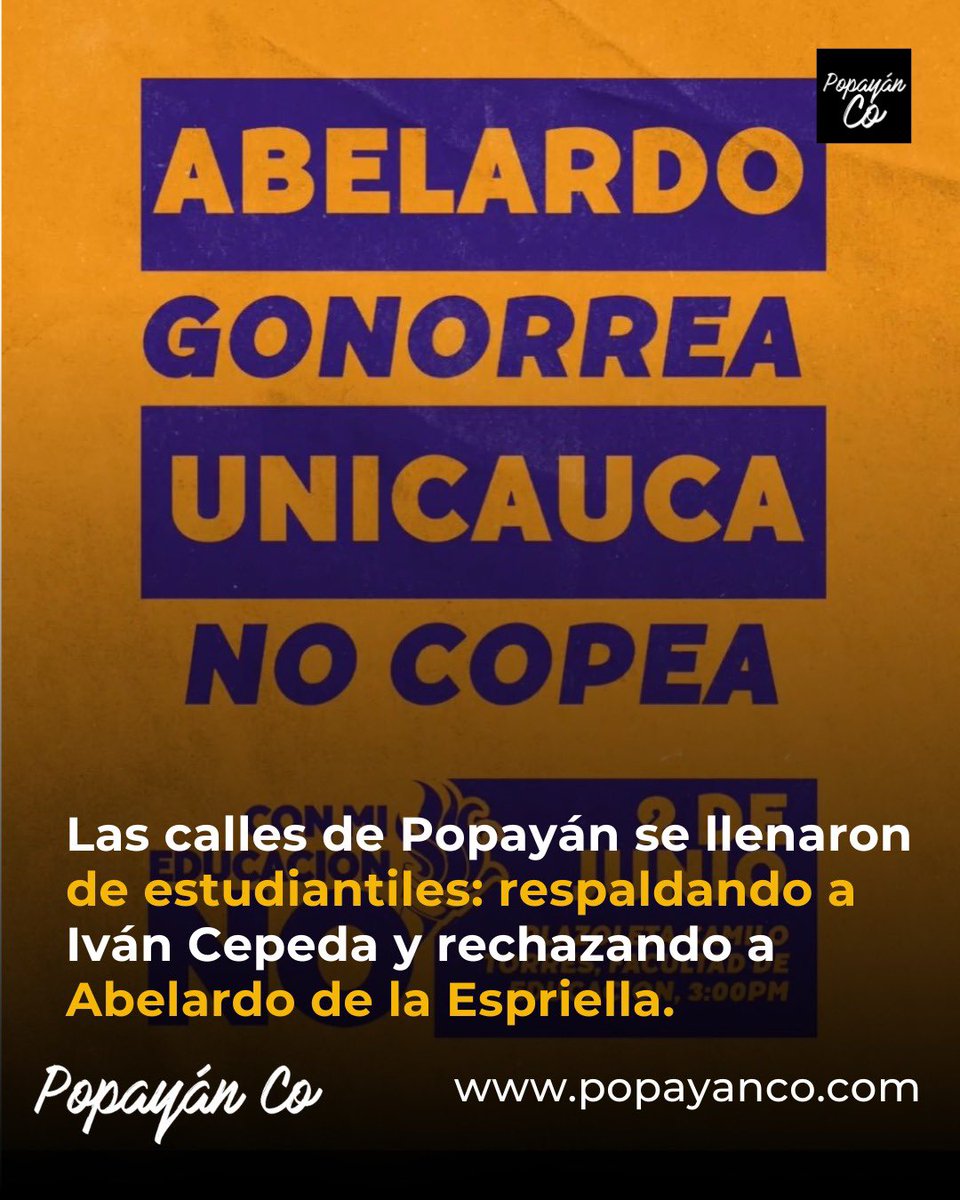 PopayanCO's tweet photo. 🎓✊ Estudiantes de la Universidad del Cauca marcharon este martes en Popayán para respaldar a Iván Cepeda y expresar su rechazo a la candidatura de Abelardo de la Espriella.
La movilización se realizó de forma pacífica y reunió a cientos de jóvenes de cara a la segunda vuelta presidencial del 21 de junio.
#Popayán #Unicauca #Elecciones2026
https://t.co/GE3JZ3fwjn