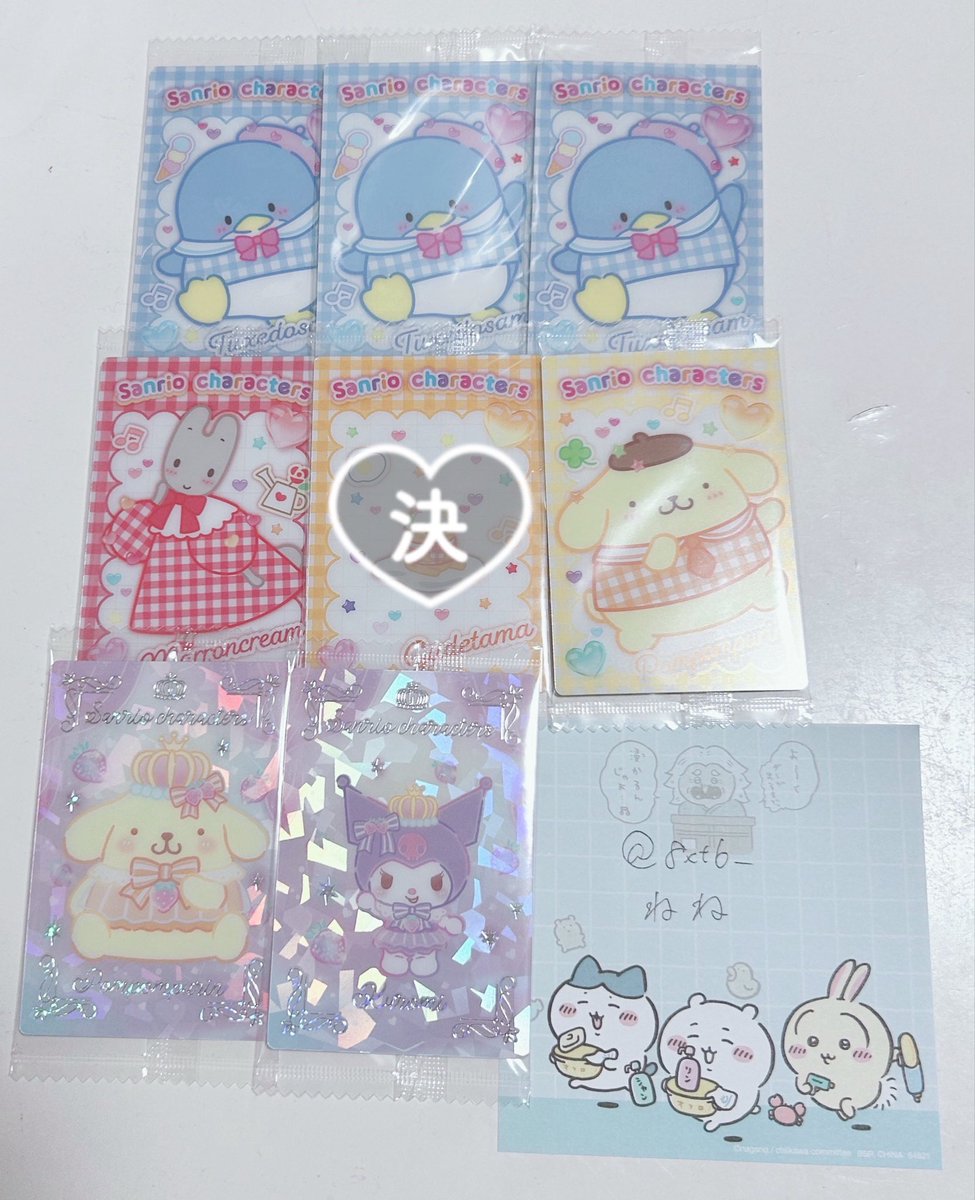 8xt6_'s tweet photo. 交換　サンリオキャラクターズ ウエハース

譲:タキシードサム マロンクリーム ポムポムプリン クロミ

求:2枚目 ウサハナ メル コロコロクリリン過去弾＞今弾　各1枚ずつ求めています
SPはn:1にて交換いただける方優先

郵送での交換希望
検索からもお気軽にお声掛けください🌷 https://t.co/w56rel4dKV