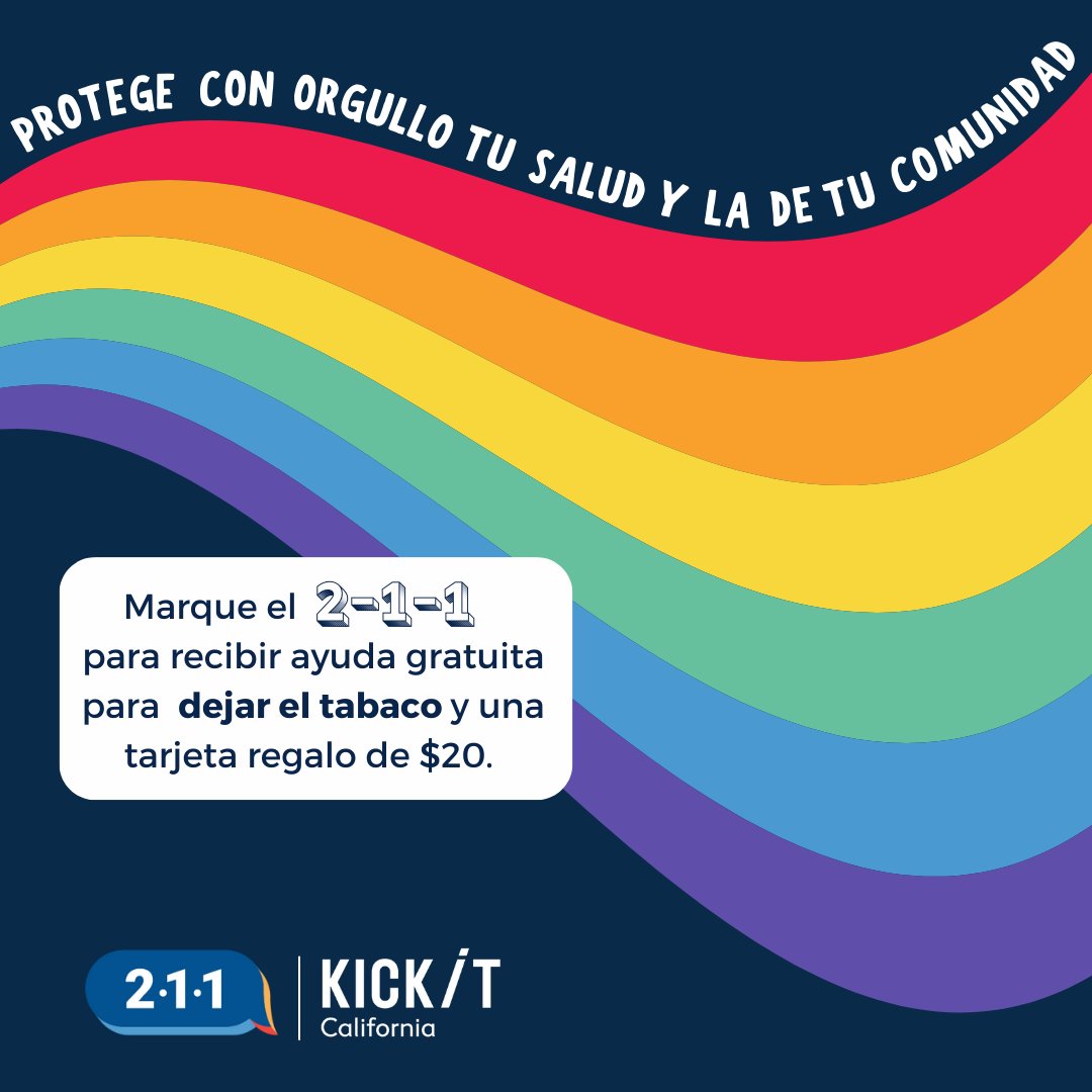 CCCrisisCenter's tweet photo. Este #mesdelorgullo, da el primer paso para dejar la nicotina y vive una vida libre de humo. ¡Llama al 2-1-1 para recibir un plan gratuito para dejarlo y una tarjeta regalo de $20 por intentarlo!☎️🚭 Tú puedes dejarlo ¡@kickitca y 2-1-1 pueden ayudarte! https://t.co/x8SeaoIV5c