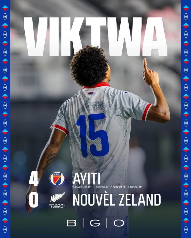 rtiofisyel's tweet photo. Grâce à sa large victoire (4-0) face à la Nouvelle-Zélande, Haïti envoie un signal fort à ses futurs adversaires. Les Grenadiers ont affiché toute l’étendue de leur potentiel et confirment leur montée en puissance. Un avertissement clair pour les autres équipes du groupe, en particulier le Brésil, qui devra se méfier d’une sélection haïtienne ambitieuse, combative et portée par une confiance grandissante.