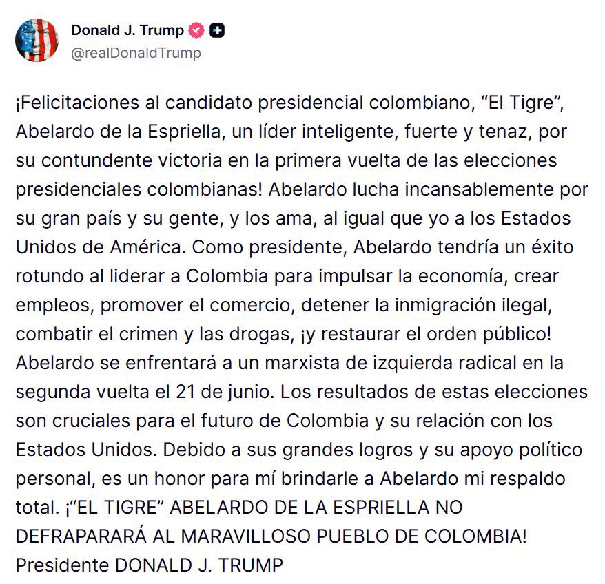 PopayanCO's tweet photo. El presidente Donald Trump @realDonaldTrump muestra su apoyo al candidato presidencial colombiano Abelardo de la Espriella @ABDELAESPRIELLA https://t.co/bMqvgveXaJ