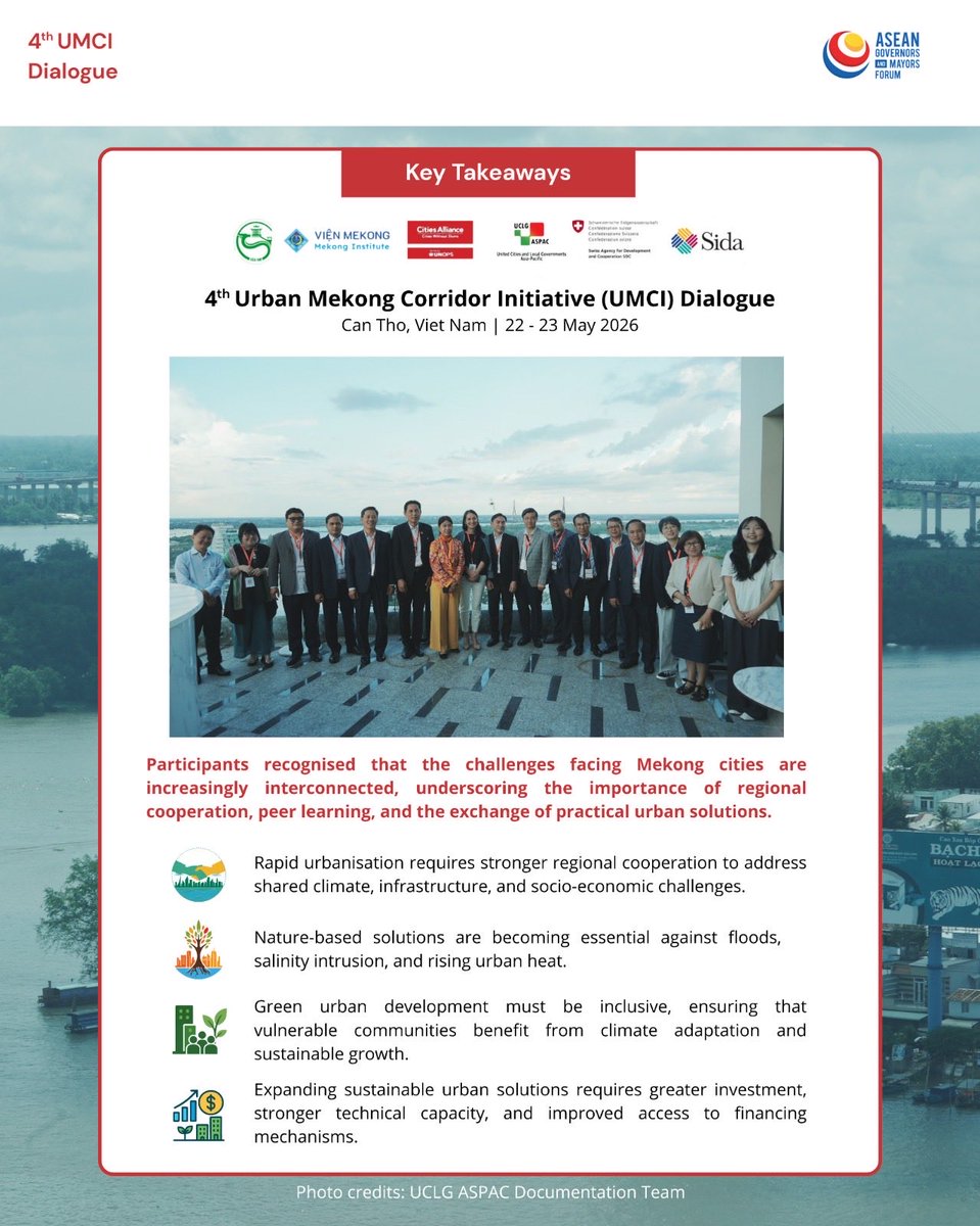 AGMF_UCLGASPAC's tweet photo. Hosted by the Cần Thơ City People’s Committee and co-organised by @uclgaspac , @CitiesAlliance , and the Mekong Institute, and supported by SDC, the Dialogue highlighted cooperation, peer learning, and joint action for sustainable urban development.

#4thUMCIDialogue https://t.co/8St8BvLMbD