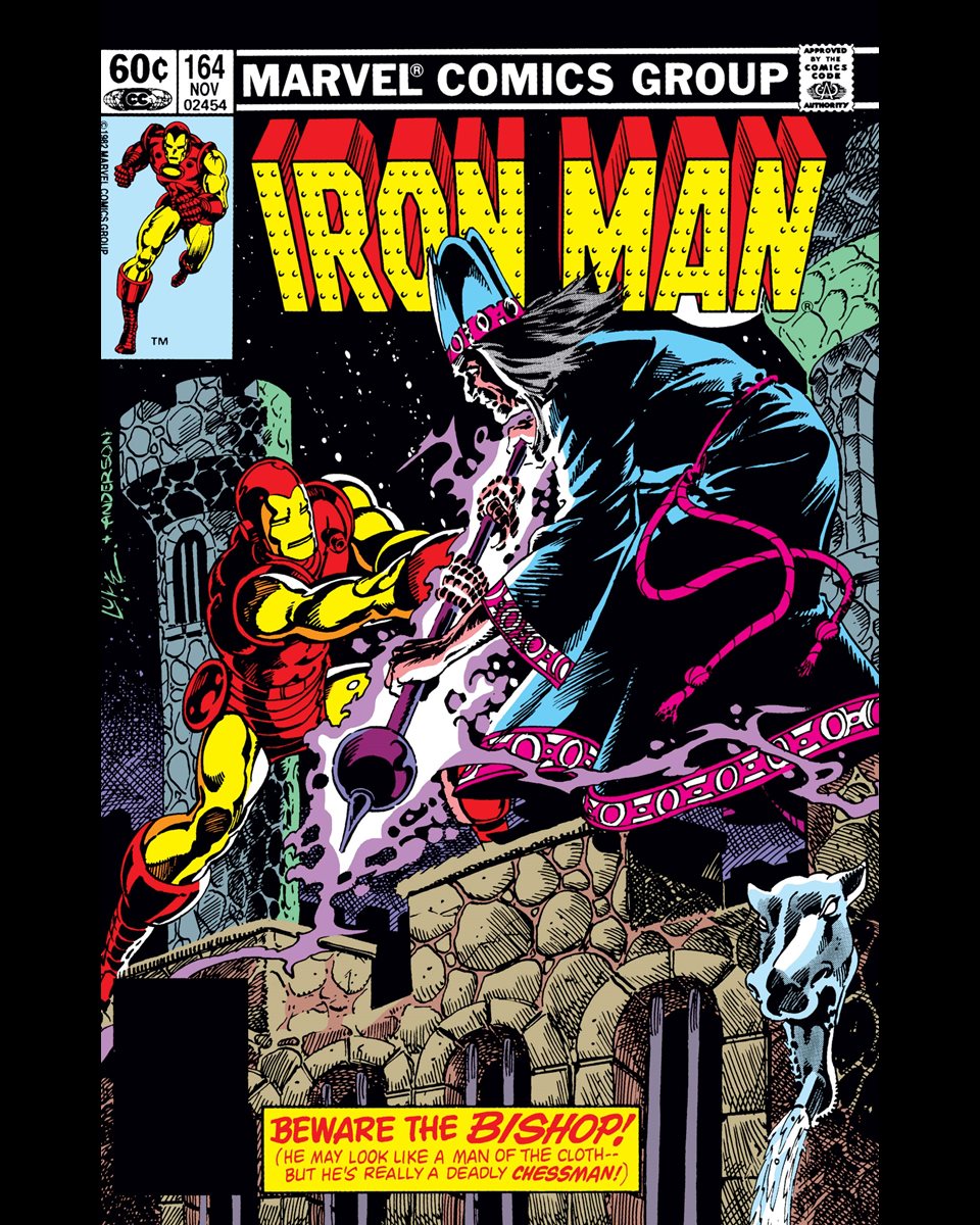 ClassicMarvel_'s tweet photo. Iron Man #164 cover dated November 1982.

The leader of the Chessmen employs his Bishop to finish the assassination of Stark. However, when Tony knocks off the helmet of the Bishop, he is revealed to be a very old man wearing tech. Iron Man must investigate the unusual circumstances of the Chessmen Organization, including their access to armored technology.