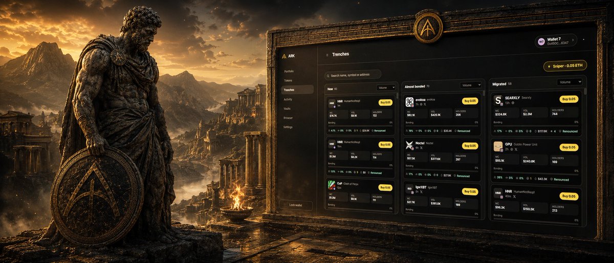 usearkwallet's tweet photo. Trenches integration

Trenches is the discovery and trading layer built directly into ARK. It is where you see what is moving right now, new launches, momentum, real flow, and act on it without ever leaving your wallet and without handing your keys to some website.

If you use GMGN or Axiom, you know the trade you are making. The data is good, but you are trading through a connected hot wallet, signing into a site, approving contracts you did not write and cannot read. The speed costs you exposure. One bad approval, one hijacked session, and it is gone. It has happened before. The entire industry just accepts this as the price of being fast.

ARK does not.

In Trenches, you trade straight from your vault. The same vault locked behind Face ID, your registered devices, and your location. So when you ape into something, that transaction still has to clear every security layer you turned on. A leaked private key does not move it. A malicious approval does not move it. You get the speed of a trenches terminal with a vault sitting underneath every single trade. No one else is doing this.

That is the whole point. Everyone else makes you choose between fast and safe. We put them in the same screen.

And we are just getting started. Next on the vault roadmap is something almost no wallet will offer: private transactions, executed from inside your vault. More on that very soon.

This is ARK. The new standard for self-custody.