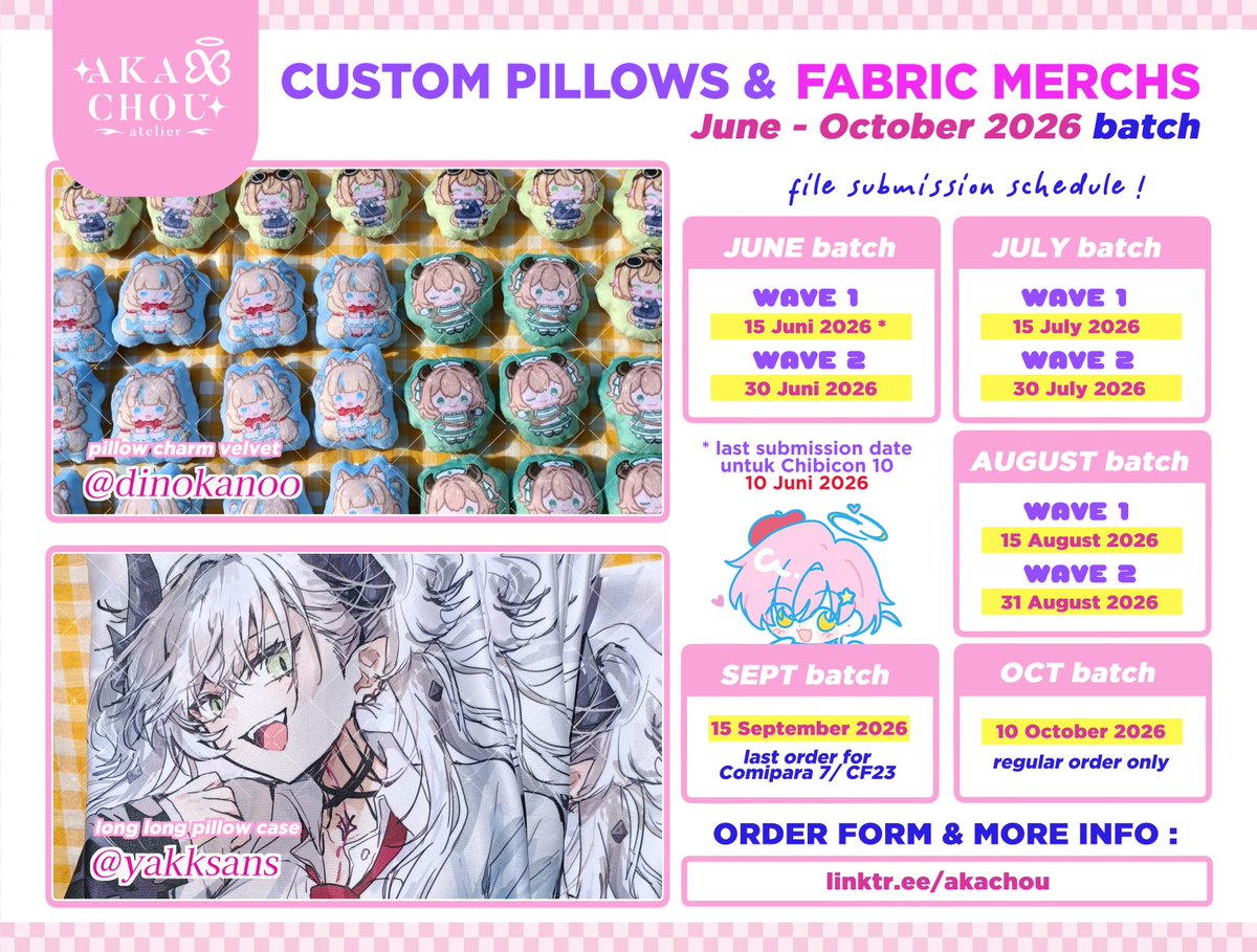akachou_tweet's tweet photo. [Share is very appreciated 🩷]

Hiiiii! Custom Atelier sudah open kembaliii ( *ˊᵕˋ* )⸝🧶

🗓️ Open untuk batch Juni-Oktober 2026

Jadwal submission file masing-masing batch bisa dicek di bawah ini yaa~

🔗 Form link &amp; menu below 👇 https://t.co/zdVZ8kKrBX