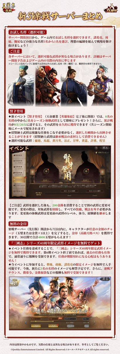 ShinSen_SGS's tweet photo. #三國志真戦
🌟新S1楽戦サーバー まとめ🌟

新S1楽戦サーバーが間もなく登場！
負担を大幅軽減、爽快な戦闘、楽戦特典という3つの新体験をお届けします✨
最大で金印×1、銀印×2、無料★5武将×11（精鋭衛兵×3、強力なお試し武将×1を含む）、徴募令×72、金銖×13150獲得可能🤩

本記事では、新S1楽戦サーバーの注目コンテンツをまとめて徹底解説します
皆様の参戦をお待ちしております！

💬 コメント欄に「新S1楽戦サーバーで爽快な戦闘と豪華特典を体験したい！」を投稿すると、
抽選で20名様に金銖×200＋金貨布×1を贈呈！🎁

💰フォロー＆リポストした方から抽選で2名様に1000円分の #Amazonギフトカード を贈呈