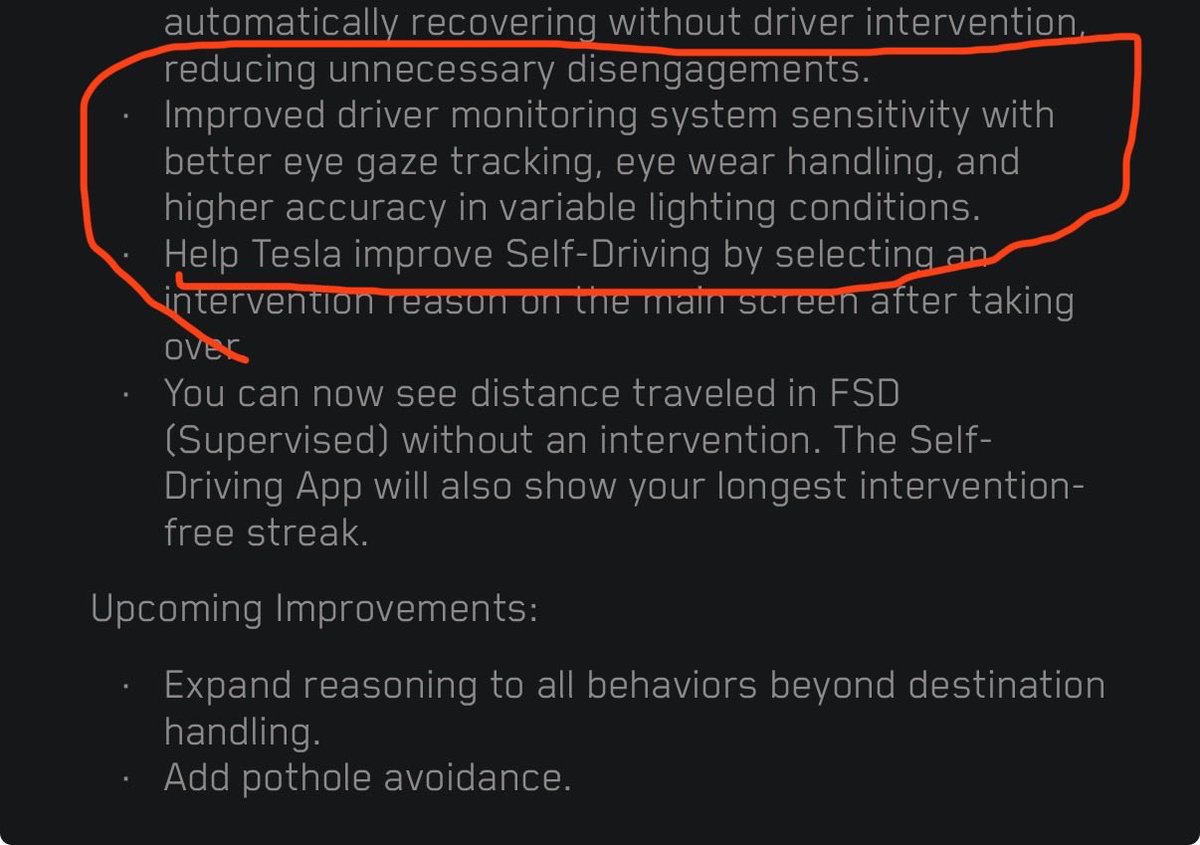 TimDOES's tweet photo. Actually looks like the improved driver monitoring that was in the Upcoming Improvements has been added to the Release Notes 👀

No new driving behavior but we do have this new feature 🤩 https://t.co/X6oKD768w8