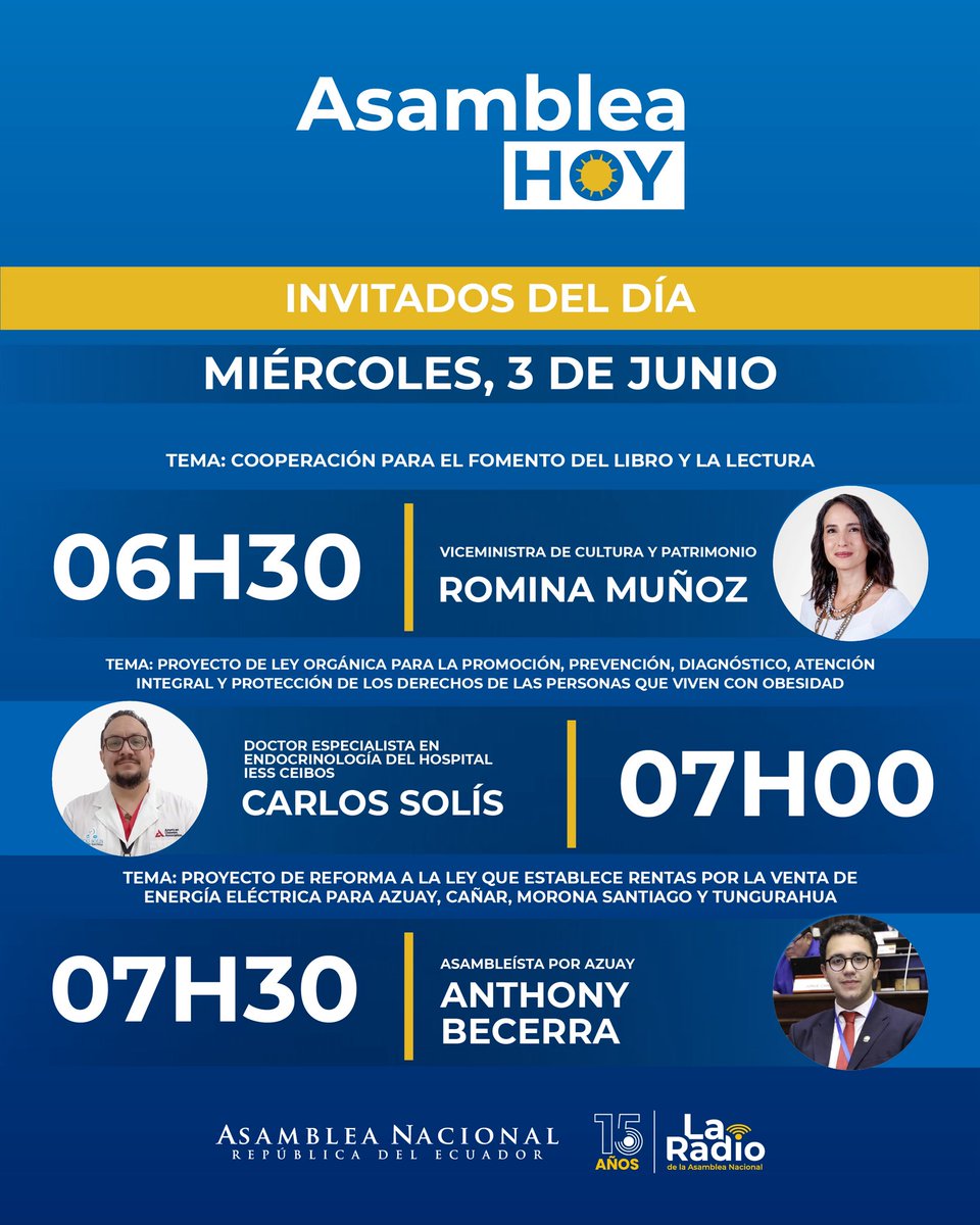 LaRadioAsamblea's tweet photo. #AsambleaHoy | Les compartimos la agenda informativa de este miércoles 3 de junio:

🕡 06h30 | Romina Muñoz – Viceministra de Cultura y Patrimonio
Tema: Cooperación para el fomento del libro y la lectura. https://t.co/AZmr33u8G6