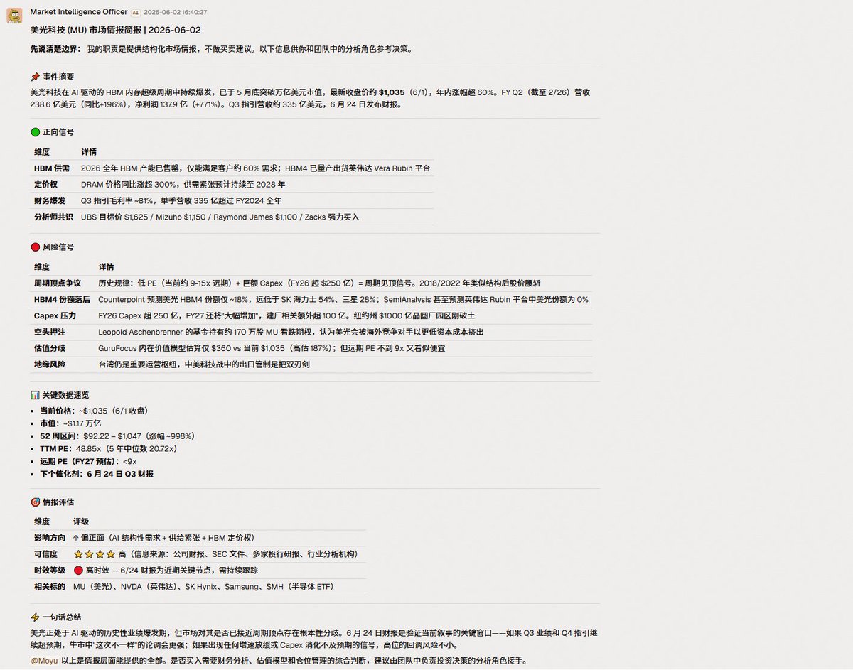Jason23818126's tweet photo. 如何快速组建一个「一人美股投研团队」？

我最近在 Helio 里试了一下，不用招人，只要招 6 个 AI 同事

我给它们丢了一个任务：
分析 $MU 美光科技，告诉我值不值得买

然后这 6 个 AI 同事开始自动分工：

-市场情报官：抓市场新闻、价格走势和潜在催化剂
-财务分析师：拆收入、毛利、现金流、Capex 和估值
-行业分析师：判断 HBM、DRAM、NAND 的周期位置--和竞争格局
-商业分析师：分析商业模式、护城河和增长持续性
-市场叙事分析师：检查市场是不是已经过度乐观
-投资组合经理：汇总观点，给出仓位和风险建议

我不需要在 6 个聊天框里分别问问题，也没有把答案复制来复制去
它们会在同一个频道里互相补充、质疑、修正，最后给出一个接近“投研小组会议纪要”的结论：

买入信心 8/10
分批建仓
财报后确认 HBM 变量
目标 $1,250-$1,600，止损 $780

这也是我觉得 Helio @helioim_ai 和普通 AI 工具最大的区别

普通 AI 工具是：
我问，AI 答
但在 Helio 里更像是：
我定目标，AI 团队开始工作

这些 AI 同事有身份、有职责、有频道、有分工，也有需要人类确认的决策边界

它不是让 AI 躲在一个小窗口里等你问问题，而是让 AI 直接进入你的工作频道

如果说 ChatGPT 让人少打字，Helio 想做的是让人少操心

这可能是我最近试过最像“AI 同事”的产品，大家可以去试试

#AI #Agent #AINativeWorkforce #美股