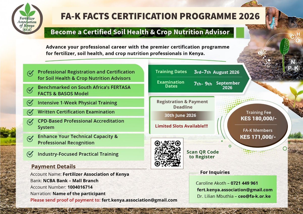 Fert_Assoc_Ke's tweet photo. Take your expertise in soil health and crop nutrition to the next level with FA-K's professional certification programme, benchmarked against South Africa's FERTASA FACTS &amp; BASOS model.
🔗 Register: https://t.co/M0eWeQXrrX https://t.co/zTOZ8Rli3a