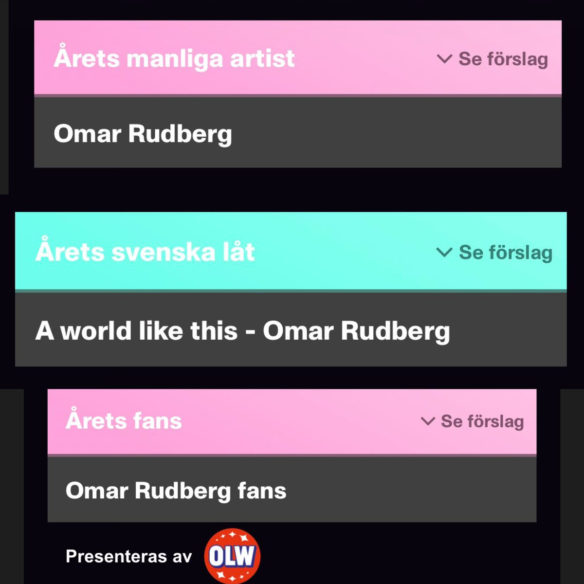 omarsdaydream's tweet photo. Reminder to nominate Omar for Rockbjörnen 

✨Male artist of the year 
✨Swedish song of the year- A world like this
✨fans of the year 

https://t.co/fyqKNwsbhy https://t.co/DhwupudOQY