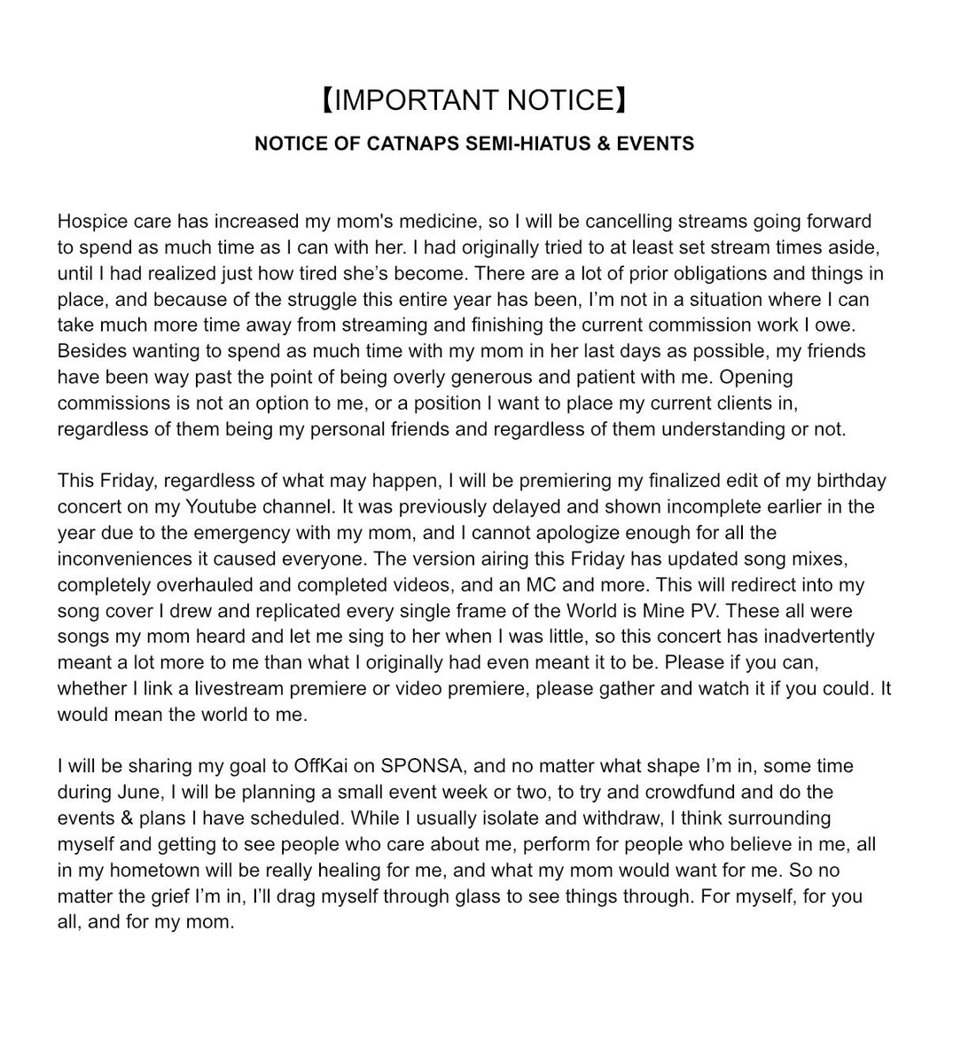 catnyaps's tweet photo. 【Important Notice】

My world is falling apart and I have to pick up the pieces quicker than I’d like. I’m sorry for having to do an event in the middle of my grief and without having streamed barely any this year. My lifelong nightmare is happening and I can only accept it. https://t.co/cyEBtKv4E8