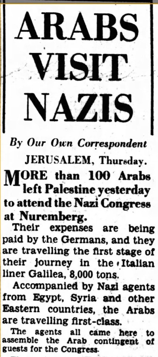 perezvictorhaim's tweet photo. En 1938, plus de 100 Arabes de Palestine se sont rendus au Congrès du Parti Nazi à Nuremberg.

Les frais de voyage et de séjour étaient payés par les Allemands. 

Séjour encouragé à l’époque pour gagner des alliés dans le monde arabe contre les Britanniques et les Juifs. https://t.co/yZwc5DQXgZ