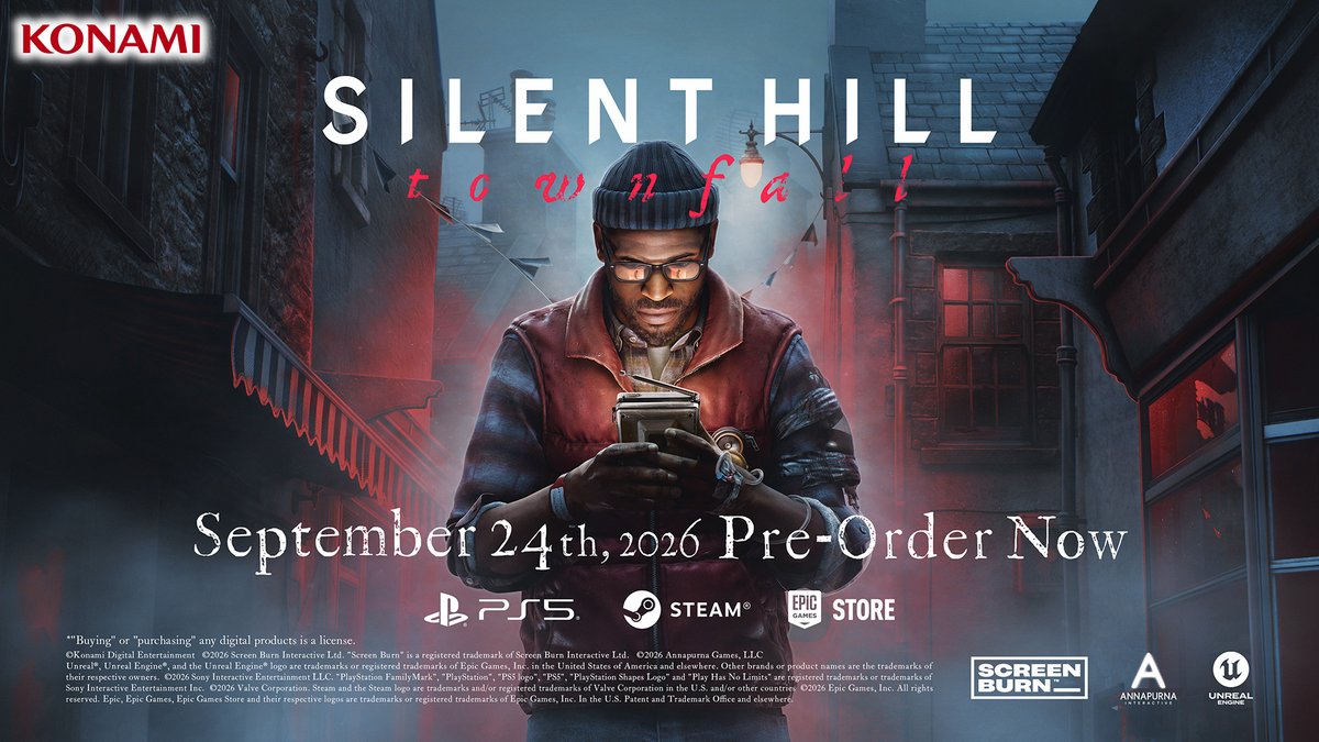 Konami's tweet photo. Fear The Truth Behind The Static  

SILENT HILL: Townfall releases September 24, 2026. Platforms: PlayStation 5 / Steam / Epic Games Store

#SILENTHILL #Townfall https://t.co/1mwLBqhCGA