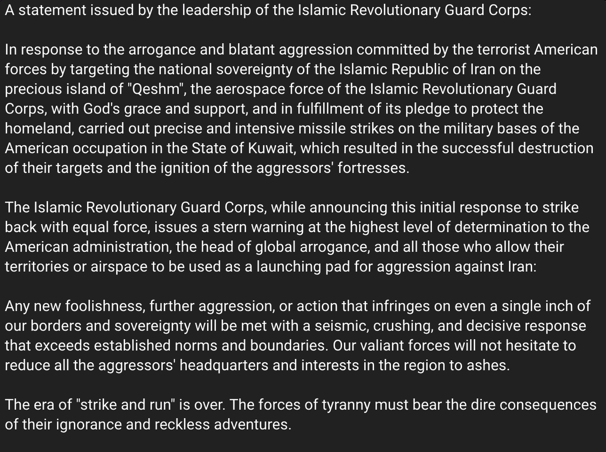 Faytuks's tweet photo. IRGC statement:

- The US attacked Qeshm Island
- In response, Iran has carried out "precise and intensive missile strikes" on US bases in Kuwait
- Further US aggression will be met with a "seismic, crushing, and decisive response" https://t.co/GBaDd9Bthy