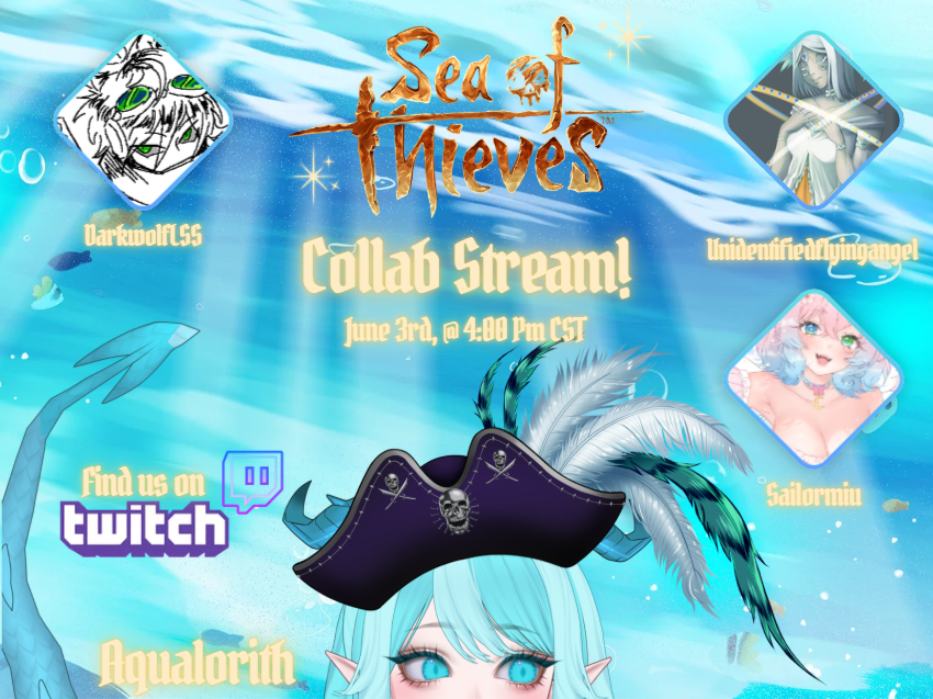 Aqualorith's tweet photo. You KNOW I'm excited for a stream when i gotta make a fancy promo for it☺️Join us on Twitch TOMORROW, @ 4PM CST for a chaotic Sea of Thieves collab with the besties!! See you soon!~ 🌊🫧 #twitch #vtuber #seaoftheives #stream #pirate @MiuSailor @DarkWolfLS  @ElspethUFA https://t.co/p0pR5MsIDE