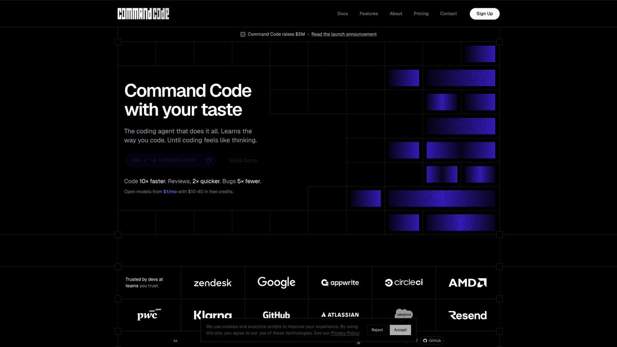 EveryDevAi's tweet photo. New on https://t.co/mF0yfw0oC2: Command Code

Command Code is a frontier AI coding agent that lives in your terminal and continuously learns your coding taste. https://t.co/Jc37ptZqIU