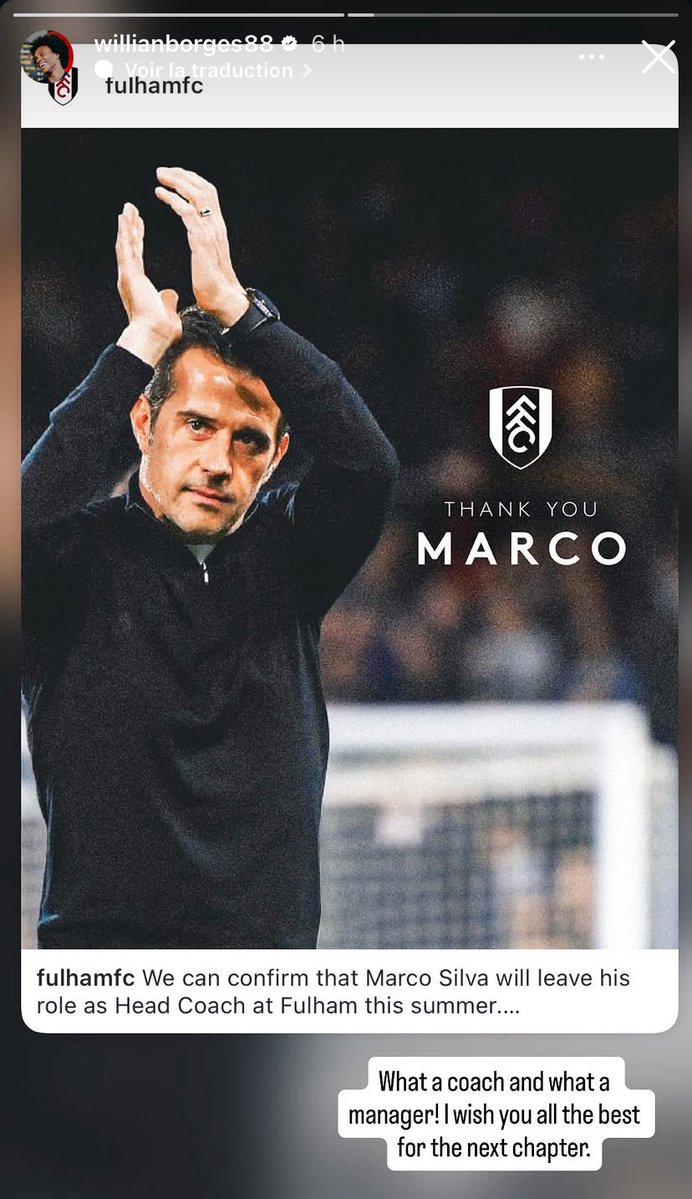 FRFulham's tweet photo. Willian a posté sur Instagram une story en honneur à Marco Silva concernant le départ du tacticien portugais de Fulham. 🇧🇷😮

La légende brésilienne rend hommage à Silva avec ce texte :
« Quel entraîneur et quel manager ! Je vous souhaite le meilleur pour le prochain chapitre. » https://t.co/K2f2g74YYL
