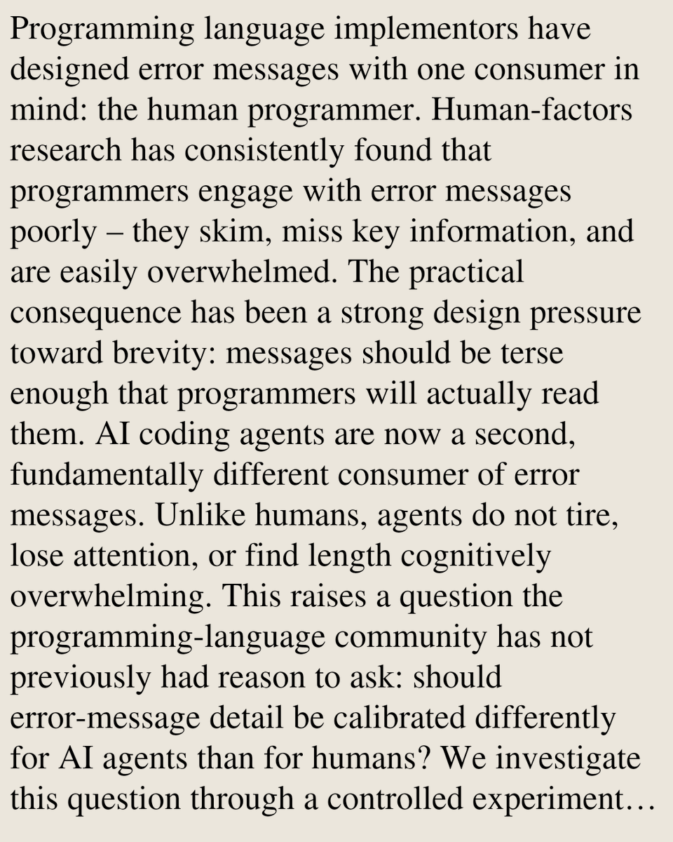 ProgPapers's tweet photo. Type-Error Ablation and AI Coding Agents

Shriram Krishnamurthi, Matthew Flatt
https://t.co/e3T1S3xcP5 [𝚌𝚜.𝙿𝙻] https://t.co/vsOT9qdmrT