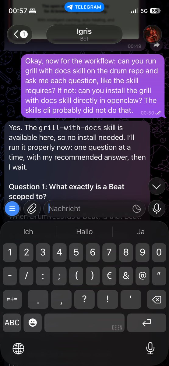 CodeMonument's tweet photo. @mattpocockuk running grill with docs in my openclaw now to spec put repos in the go. Not as fast as directly via pi, but the questionnaire style lends itself very good to chats and better when on the go than vpn into Linux machines to control pi directly! 🙌🤗 https://t.co/SPPrvenEeH