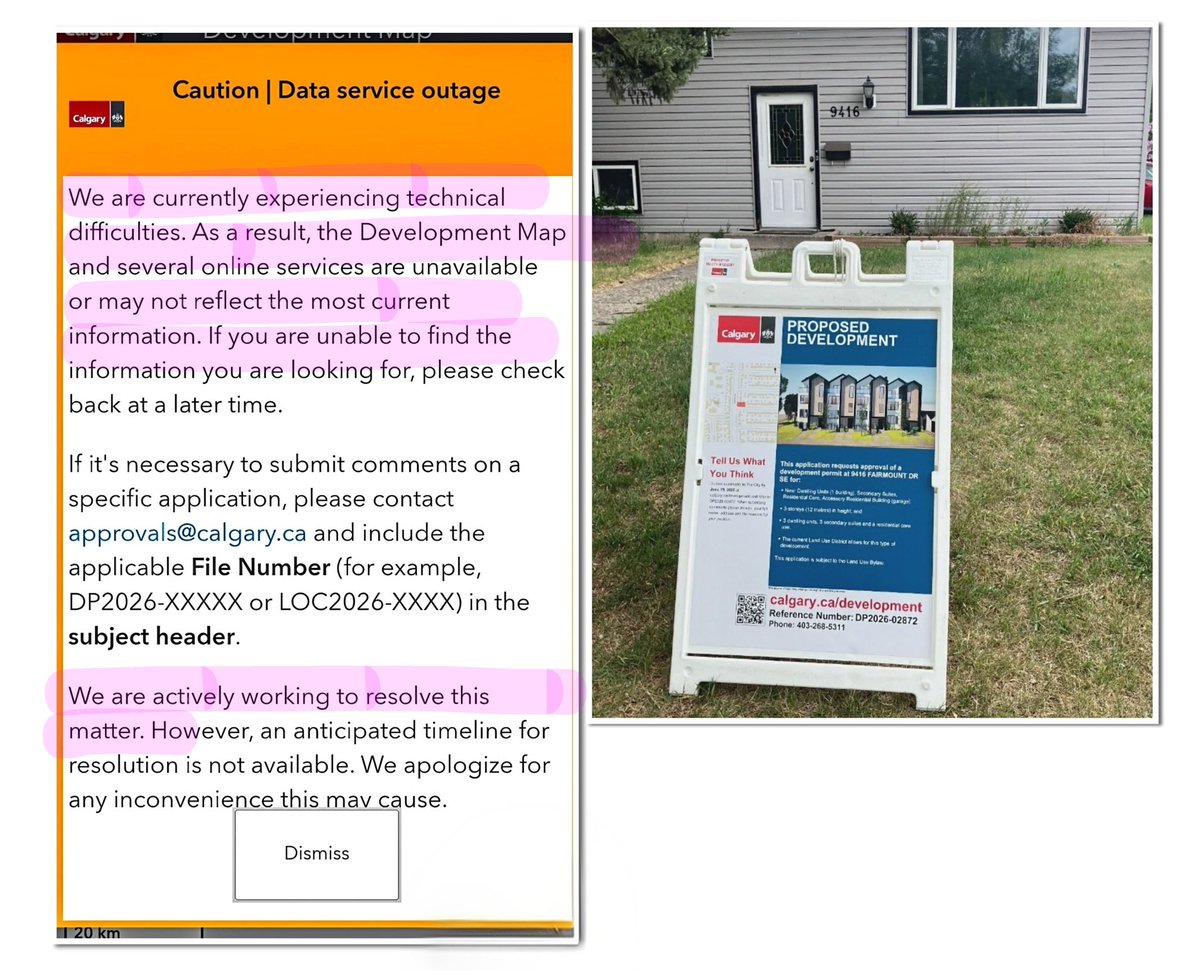 lucemsequimur1's tweet photo. @KybrdWrrr City Hall is bloated with staff but can't provide crucial Development Map/other online services. NOW INTO 2nd WEEK. City putting up tiny lawn signs at proposed DP sites. CAN'T GET DETAILED INFO. Totally useless. Check back at a later time . . . JFC. Fire them all. #ward11 #yyc https://t.co/q8p0CRykCd