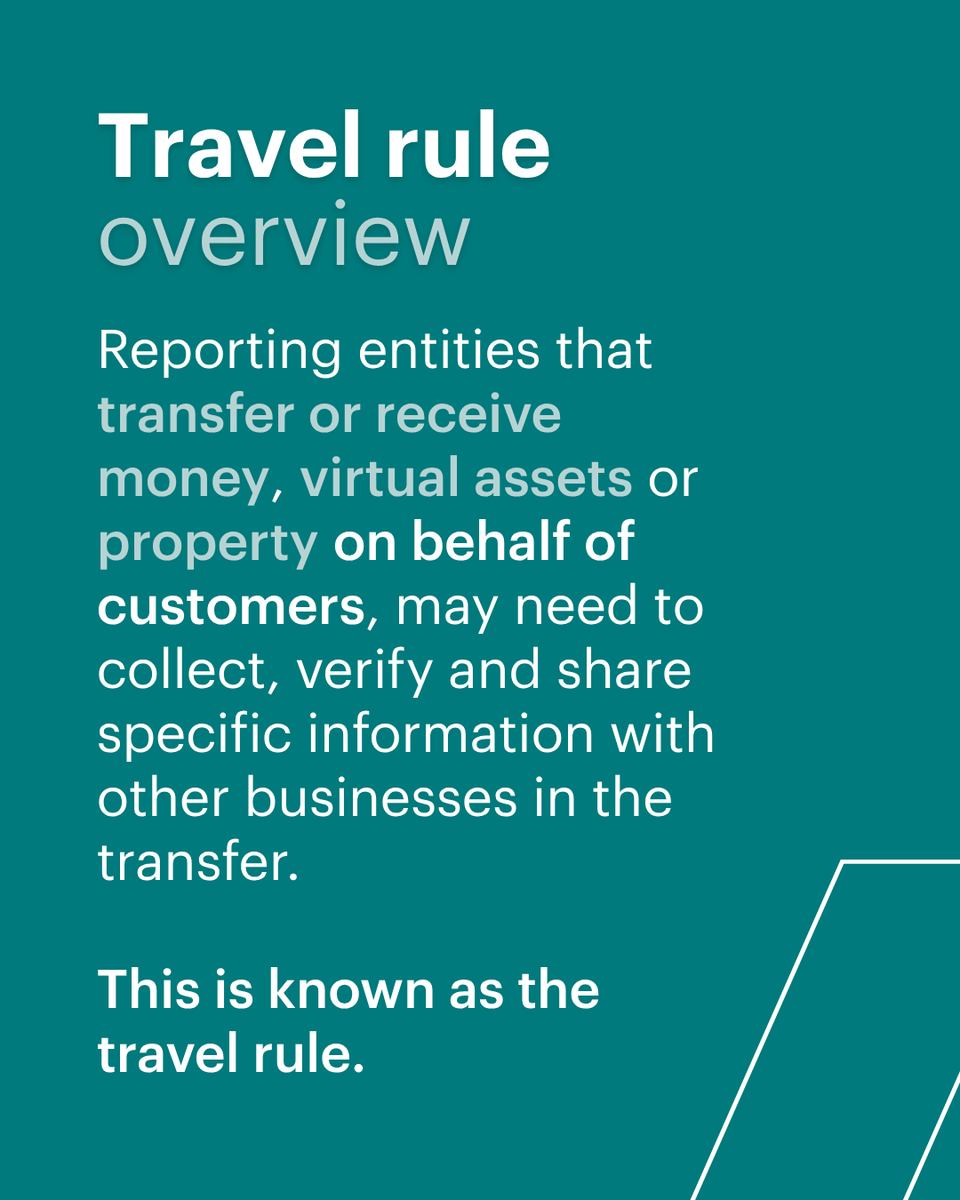 AUSTRAC's tweet photo. Do you transfer or receive money, virtual assets or property on behalf of customers? If so, you may need to collect, verify and share specified information with other businesses as part of the transfer.

Read more about the travel rule:  https://t.co/AXgOE4CUvi https://t.co/060RfVQIj8