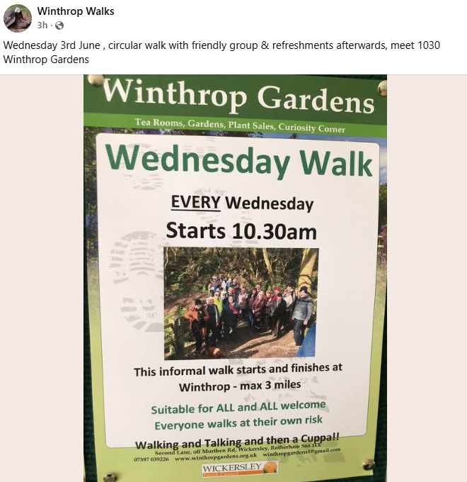 Stag_RosePPG's tweet photo. #wednesday Winthrop Walks #WalkinginWickersley
3 miles Circular Walk from @WinthropGardens, S66 1EE, 10.30am - Refreshments on return to Winthrop
#walkforhealth #company #walking #keepactive #EndLonelines ⚠️ALWAYS CHECK FOR CHANGES ON THE DAY⚠️
https://t.co/LfsA5djbBB https://t.co/2F733E484M