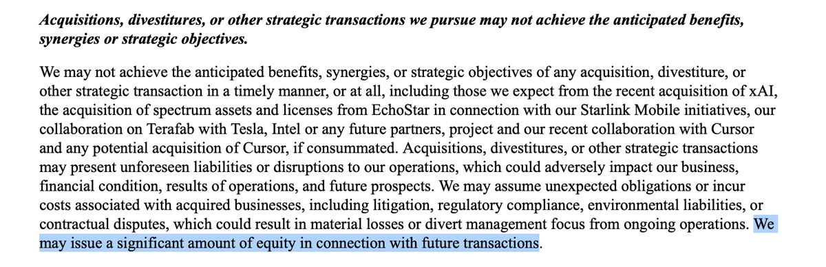 garyHeff's tweet photo. How do $SATS bulls weigh the following:

- $SPCX Spectrum Transaction to close in Nov '27
- Controlled co can issue equity for M&amp;A between now and then (e.g. Cursor, potential $TSLA merger, others?): "we may issue a significant amount of equity in connection with future txns" https://t.co/yWhi27wfHE
