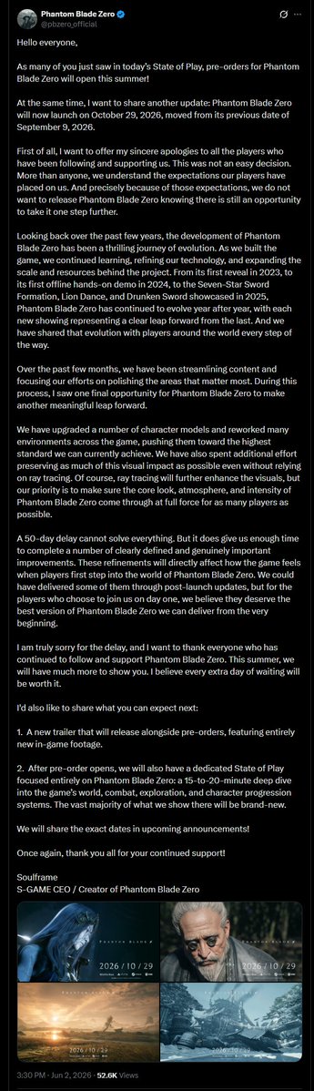Wario64's tweet photo. Phantom Blade Zero delayed to Oct 29, 2026 (from Sept 9, 2026) https://t.co/5b2SDodSJN