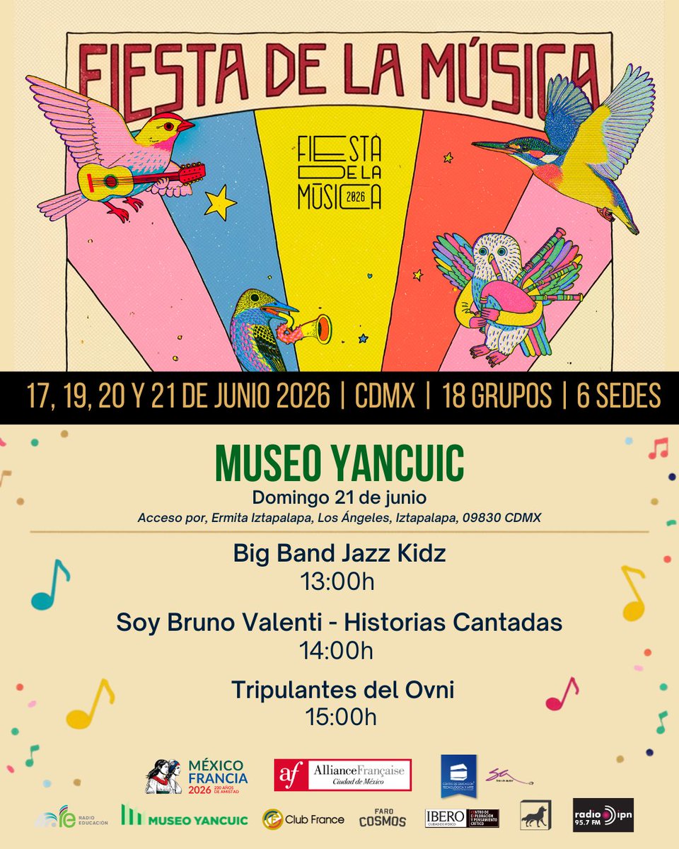 AFMexico's tweet photo. 🎶 18 bandas. 6 sedes. 1 solo día. ¿Tú por dónde empiezas?
La Fête de la Musique 2026 desembarca en la CDMX con una cartelera distribuida por toda la ciudad.

🎟 Entrada libre en todas las sedes
 
🔴 REGISTRO GRATUITO @ClubFrance :
https://t.co/LzxcjCpLWf

🔴 REGISTRO GRATUITO @elCeX_mx : https://t.co/WNaer8UgDa

Guarda este post. Arma tu ruta. Y ven a celebrar la música. 🎵

#FêteDeLaMusique #CDMX #MúsicaGratis #FranciaEnMéxico