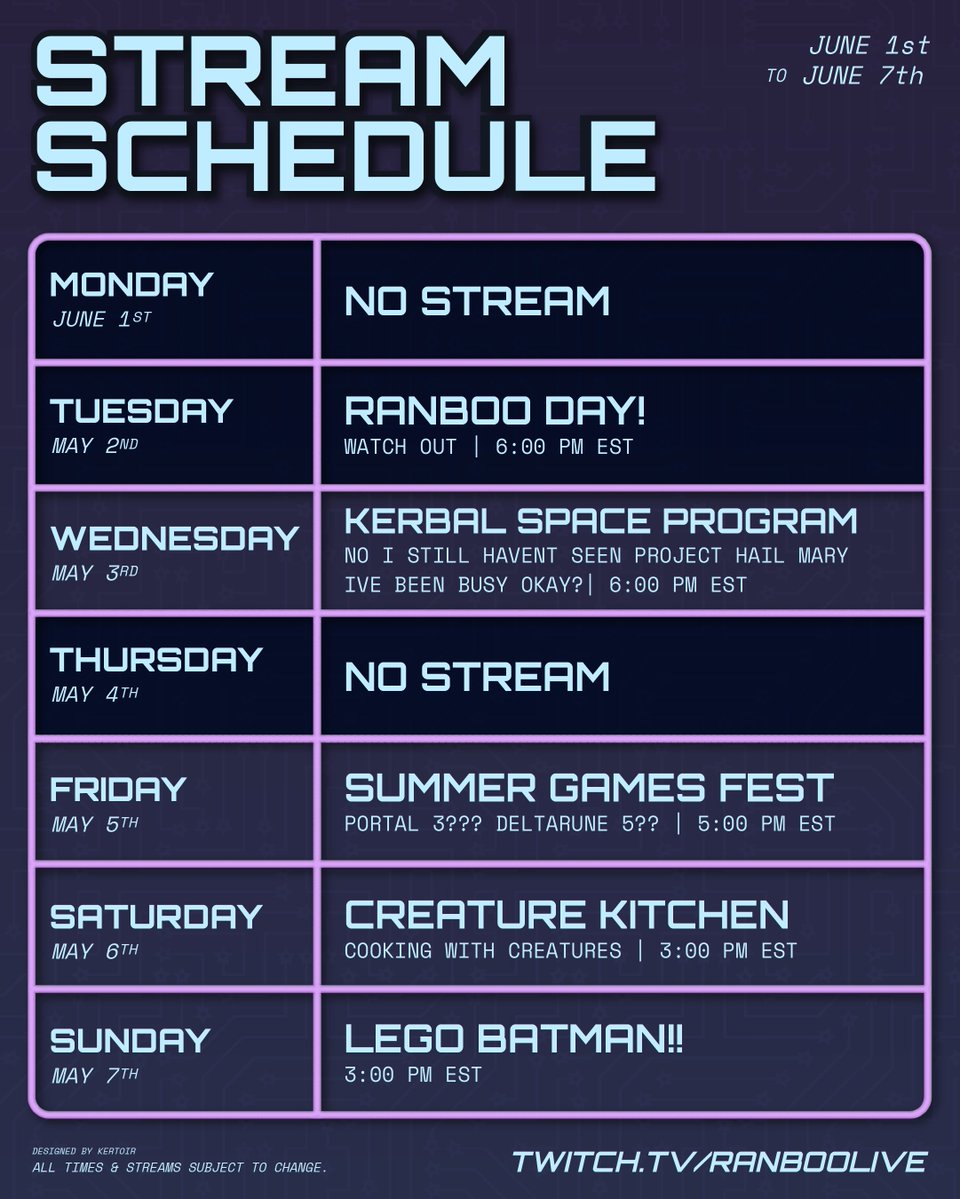 Ranboosaysstuff's tweet photo. STREAM SCHEDULE FOR THE WEEK!

KERBAL SPACE PROGRAM, THE SUMMER GAMES FEST (WHICH WILL ANNOUNCE PORTAL 3), AND MORE!!! https://t.co/IYKa2A1lcM