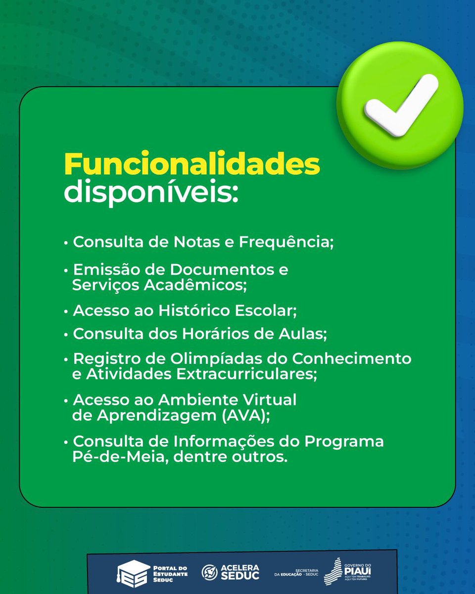 SeducPI's tweet photo. Tudo em um só lugar! ✌️

O Portal do Estudante Seduc reúne informações, serviços e ferramentas que facilitam o acompanhamento da vida escolar com mais praticidade e autonomia. 👨🏻‍💻

Por meio do plataforma, os alunos podem consultar notas, frequência, horários de aula, (…) https://t.co/Ap2uYJWz9G