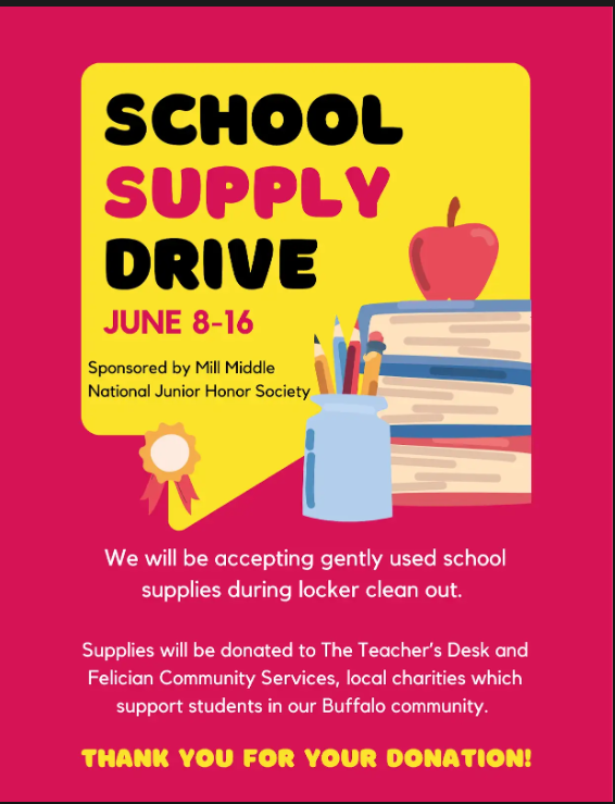 Mill_WCSD's tweet photo. NJHS will be sponsoring a gently-used School Supply Drive from June 8-16. Donations will be used to support two local organizations, The Teacher's Desk and Felician Community Services. Thank you for your generosity in supporting students in our Buffalo community! https://t.co/o3PIpPgY21