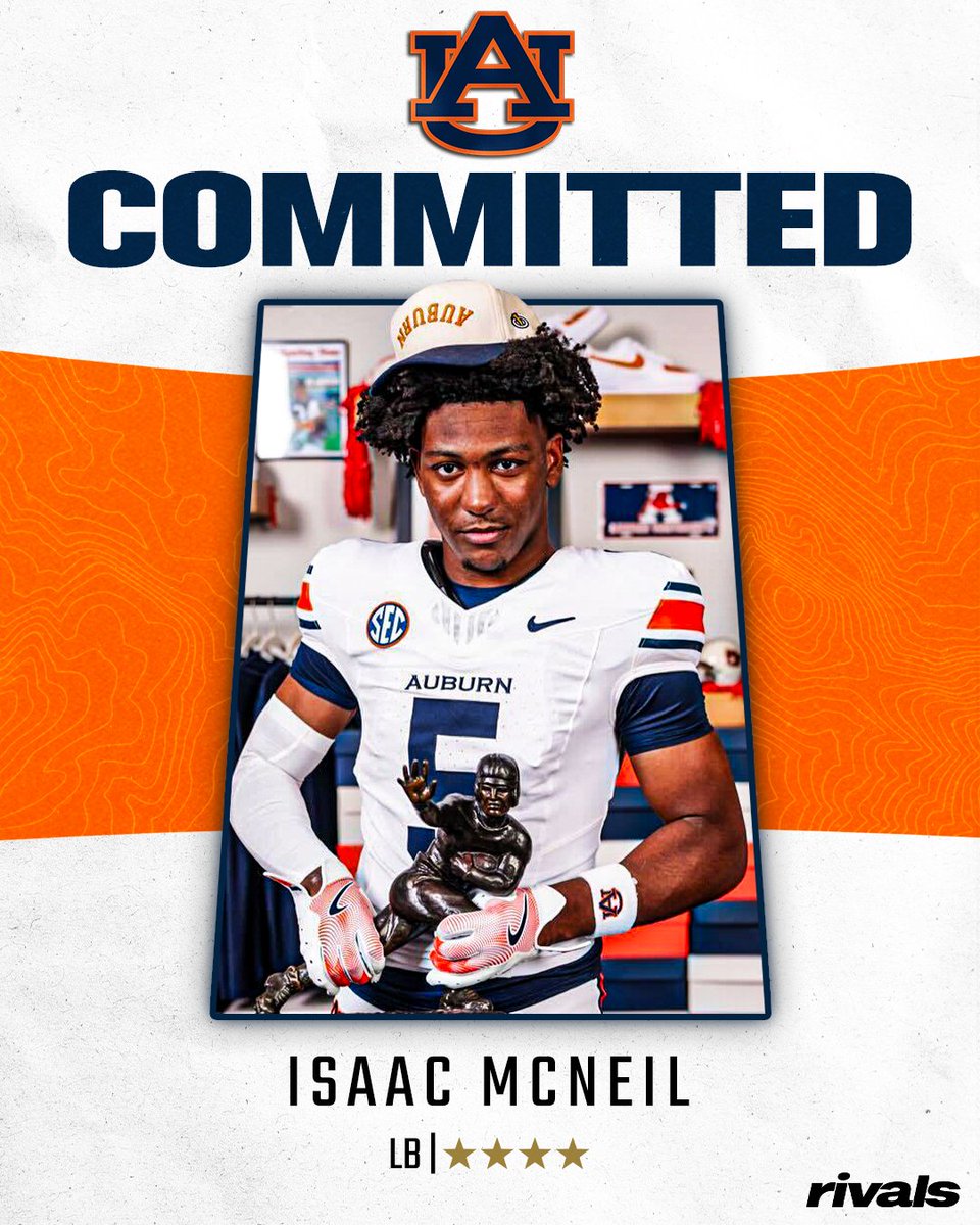 Rivals's tweet photo. 🚨BREAKING🚨 4-star LB Isaac McNeil has committed to Auburn🦅

Read: https://t.co/bYczuTju9W https://t.co/dvNihZB13A