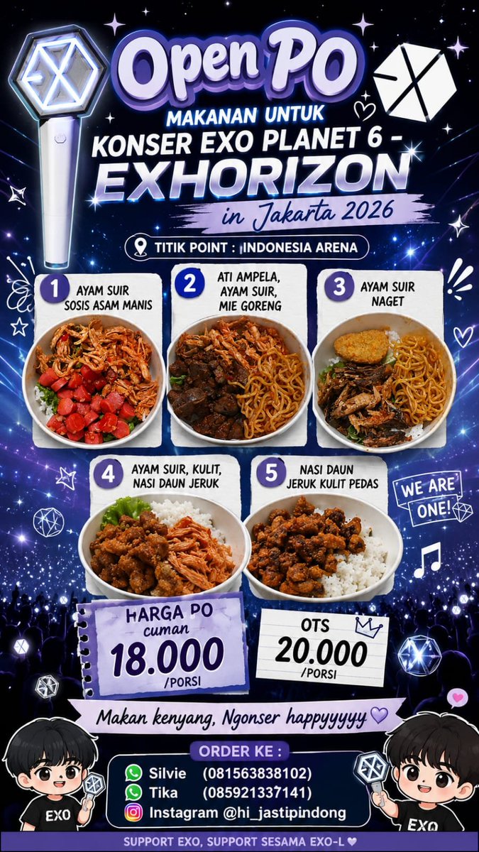 jajanrecehan's tweet photo. Open PO Makanan Konser Exo Planet 6 - Exhorizon in Jakarta 2026

‼️18k/pax

5 menu yang bisa dipilih :
1. Nasi Ayam suir sosis asam manis
2. Nasi Ati ampela, ayam suir, mie goreng
3. Nasi Ayam suir &amp; naget 
4. Nasi daun jeruk Ayam suir &amp; kulit ayam
5. Nasi daun jeruk kulit pedas https://t.co/GpD5uAPqeh