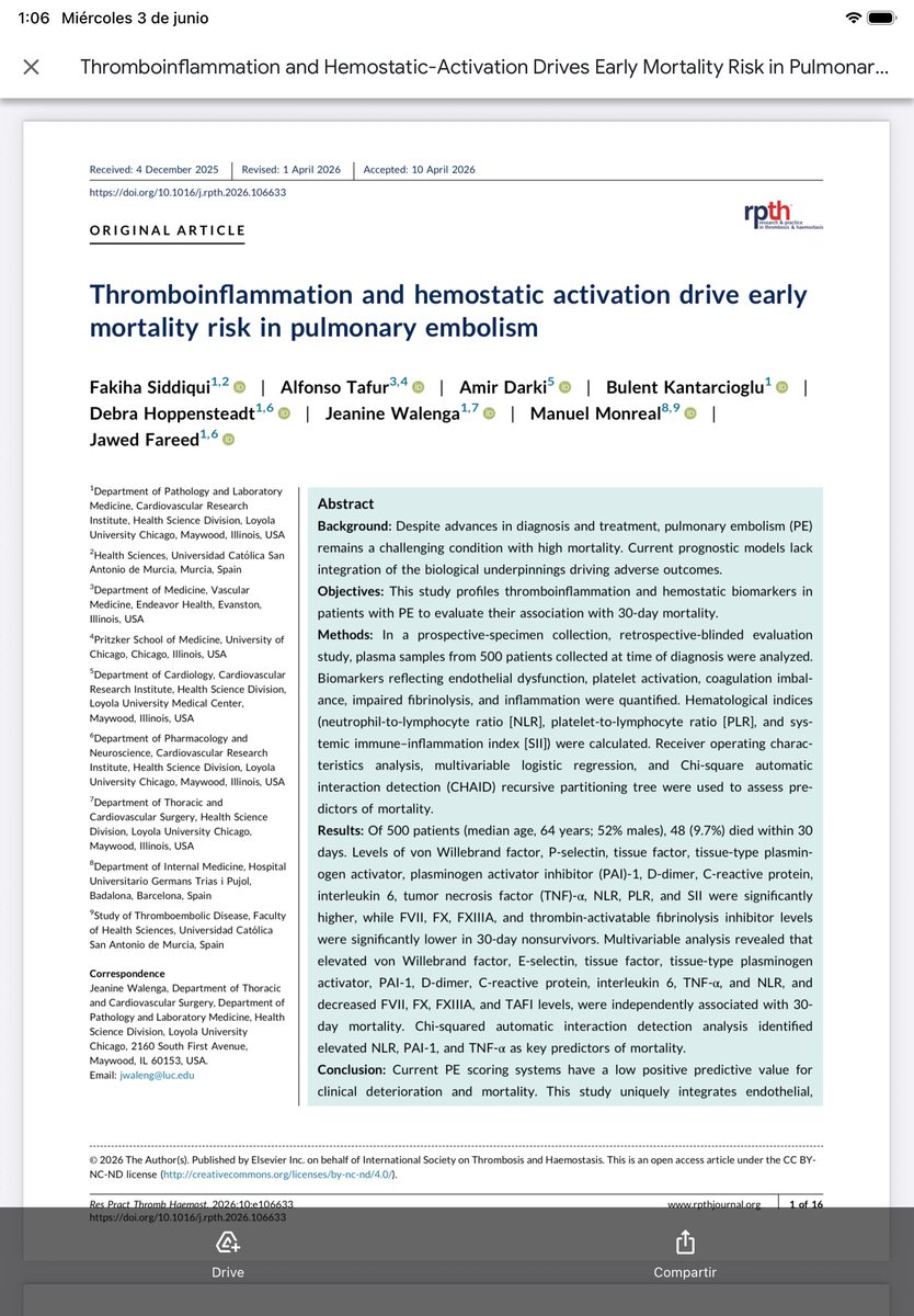 mmonrealriete's tweet photo. Thromboinflammation in acute pulmonary embolism 

The association of several biomarkers reflecting endothelial dysfunction, platelet activation, coagulation imbalance, impaired fibrinolysis, and inflammation with 30-day mortality https://t.co/eklIrhdLDV