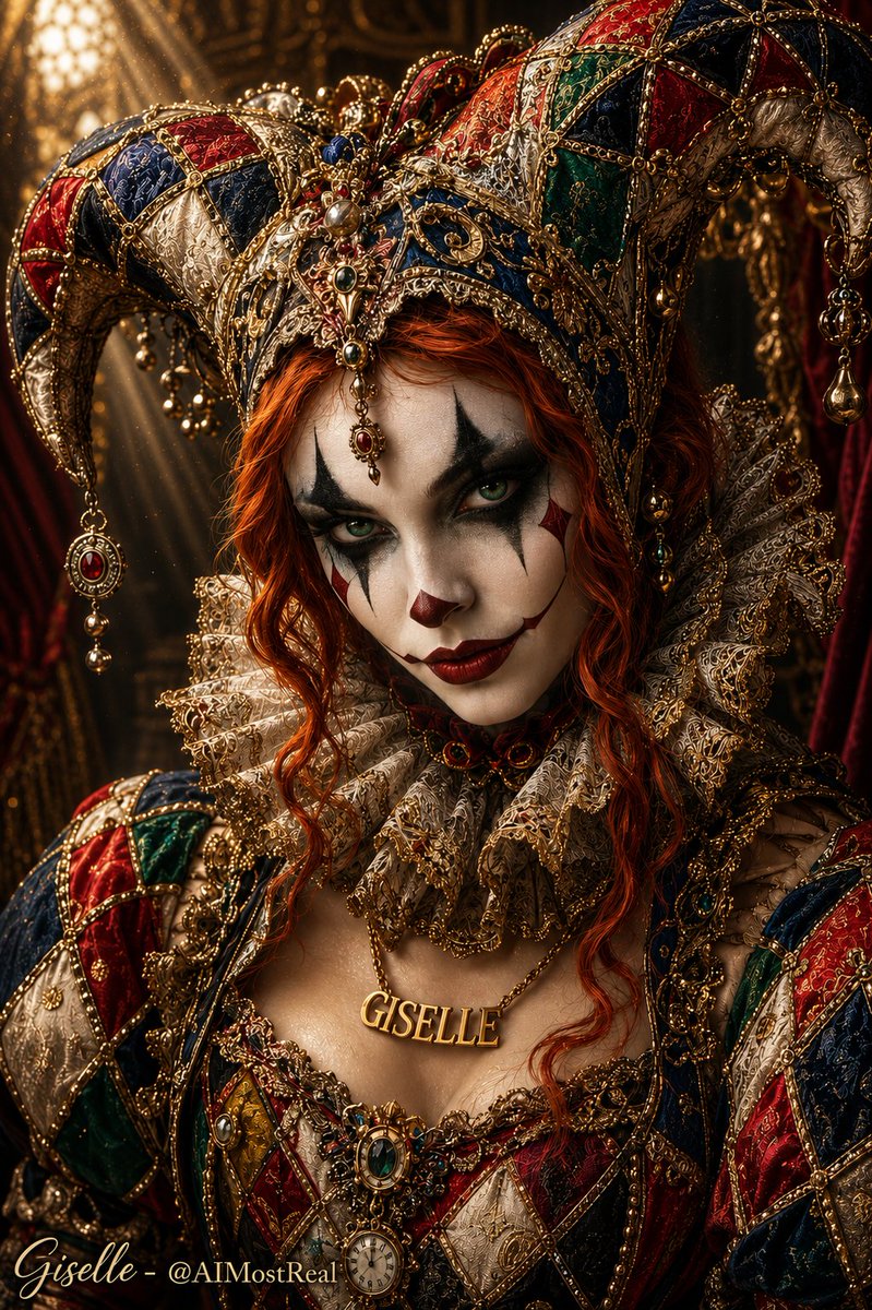AImostReal's tweet photo. Court jester by day… chaos queen by night 🎭✨
When the crown fears the fool more than the knight.
Smile wide, secrets deeper.
#Giselle #CourtJester #HarlequinQueen https://t.co/K7Hc8gUx4Y