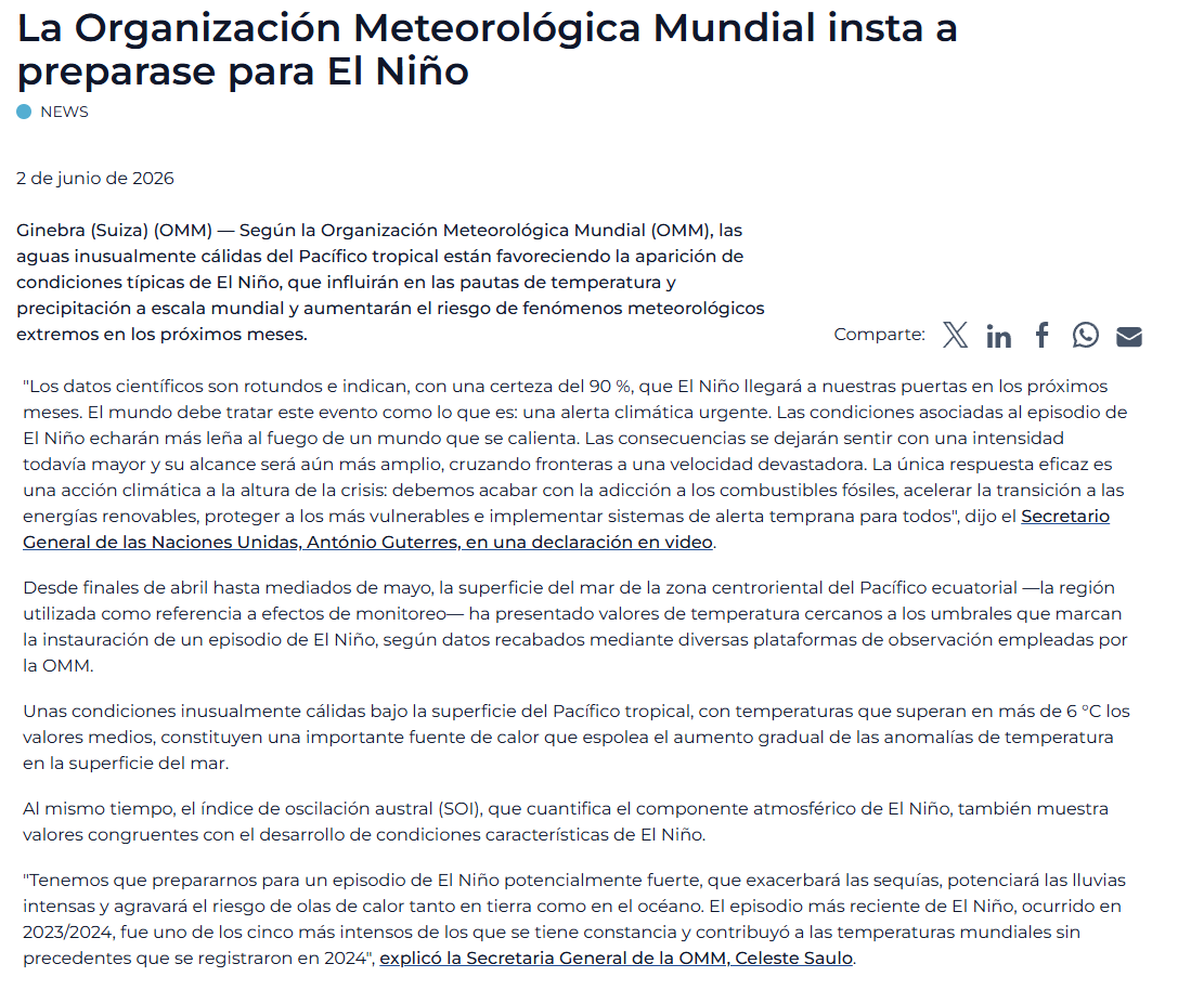 Tiempo_AMBA's tweet photo. Informe de la organización meteorológica mundial (WMO) sobre el Fenómeno de El Niño próximo a ocurrir, insta a gobiernos a tomar recaudos.

https://t.co/vI5YYBA1U6 https://t.co/ZvOxapYDXW