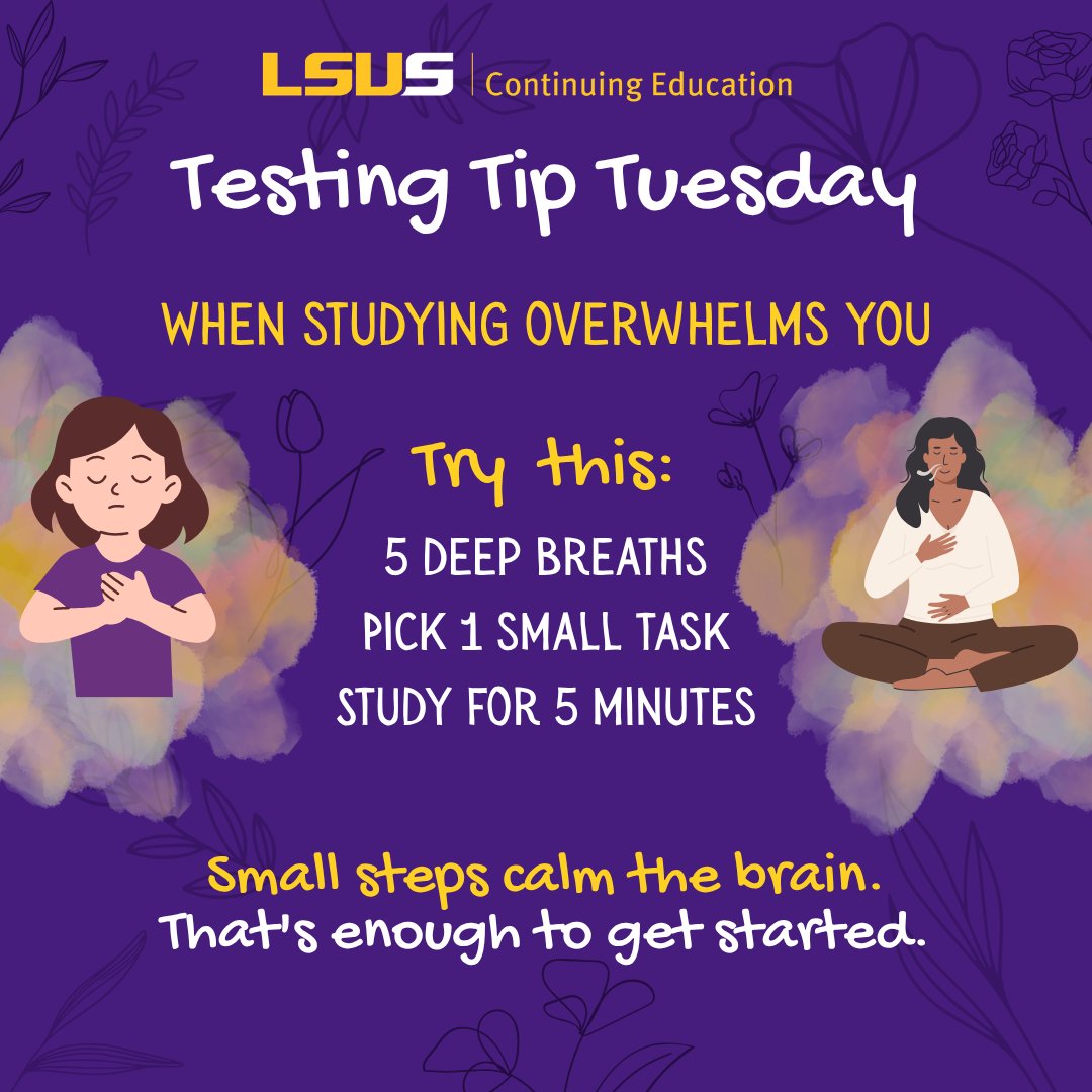 LSUSContEd's tweet photo. When you're stuck in "fight or flight" mode, your brain is focused on survival, not learning. Before diving into your study session, try this:
✅ Set a timer for 2 minutes
✅ Take 5 slow, deep breaths
✅ Write down the ONE thing you're going to work on first
#TestingTipTuesday https://t.co/CeV82obHmb