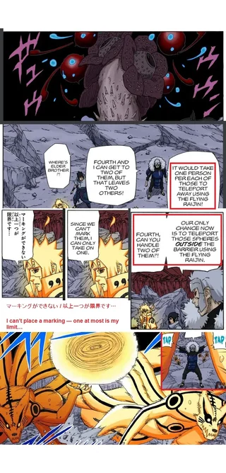 Andriagamgonei1's tweet photo. @starmagpro @Swagkage @ThickCalvesSage this is a bullshit ass panel bro. not only did Minato NOT overpower it (he just stopped it and quite literally wakes up after a coma. implying he still got damaged) but this is also a nerfed Kurama that is being held back by Kushina. a stronger Minato can only redirect a TBB. https://t.co/Fwf53qJL2X