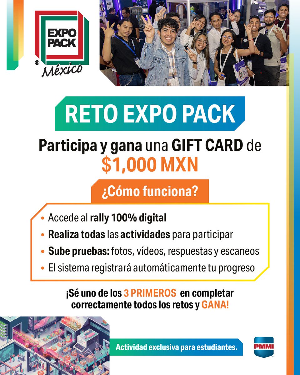 ExpoPack's tweet photo. 🕵️‍♂️ ¡Diviértete y gana con el Reto EXPO PACK en #EXPOPACKMéxico 2026!

Escanea códigos QR en los stands participantes y gana tarjetas de regalo y más premios. ¡Juega hoy!

#RetoEXPOPACK #Dinámica #Premios #Interactividad https://t.co/4oggW2eVpb