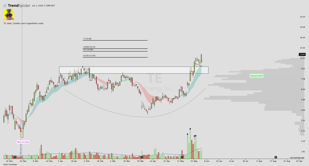 CJsCalls's tweet photo. $TE T1 Energy Daily🔋

Noted as a strong watch on Sunday ⤵️

Nice rip today breaking out of the flag

Watching for a thrust to the fib extensions above, with the next being the -0.5 fib extension at 12.80 https://t.co/dH4BSV2XKr