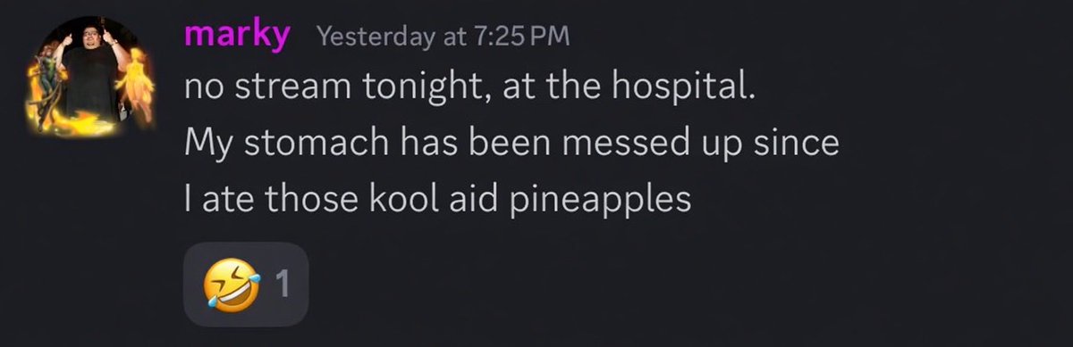 BasuraClips's tweet photo. Streamer MarkyNextDoor has been hospitalized after trying the new kool aid pineapple trend. 

“No stream tonight, at the hospital” https://t.co/CiyVSEbbGn