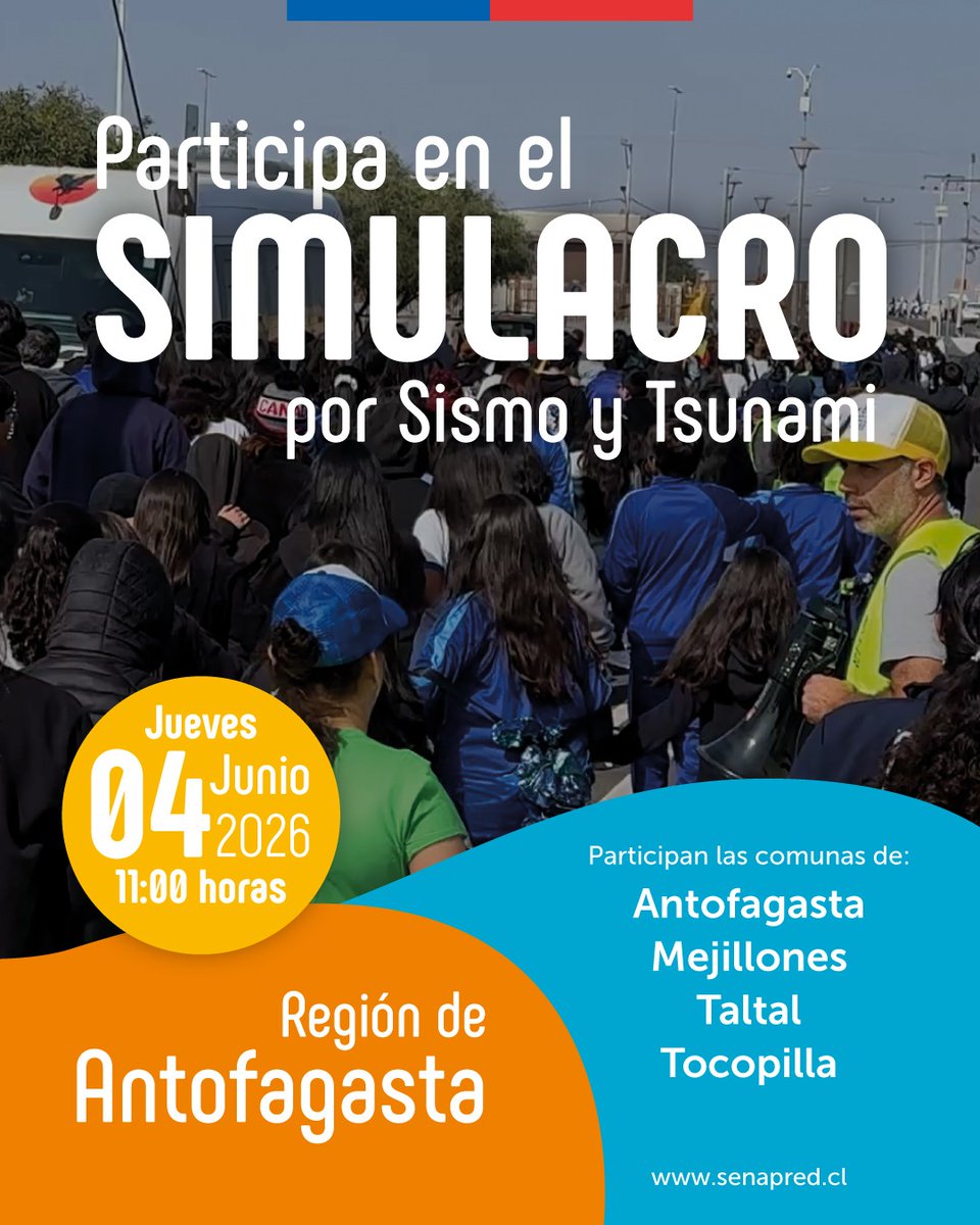 codigo_l4's tweet photo. 📢 #ChilePreparado Este 4 de junio tenemos la oportunidad de aprender y mejorar nuestros planes de emergencia en el #Simulacro Regional ¡Juntos hacemos un #ChilePreparado participa en tu comuna #Antofagasta #Tocopilla #Mejillones #Taltal https://t.co/kRGiMjeiTl