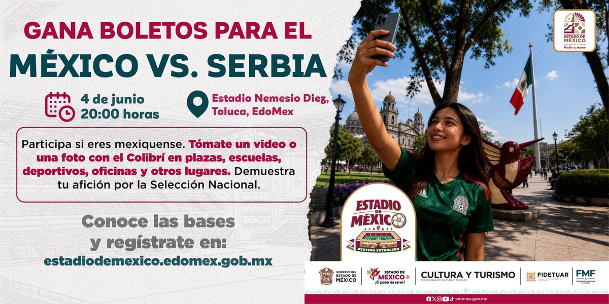Edomex's tweet photo. 🏟️⚽️ El Gobierno del Estado de México te lleva al partido México vs. Serbia, en el Estadio Nemesio Diez, en Toluca, este 4 de junio, 20:00 horas.

¡PARTICIPA Y GANA UN BOLETO DOBLE! #EstadioDeMéxico. 

Conoce las bases y regístrate en: https://t.co/BS89iPCD3Y https://t.co/1W5wqEvJDv