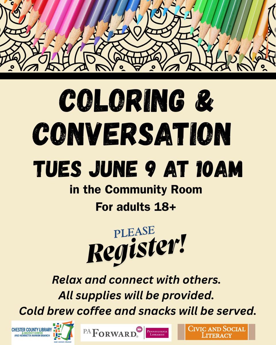 HankinLibrary's tweet photo. Relax and connect with others! Register for Coloring &amp; Conversation on TUES JUN 9 @ 10 am. 

Reduce stress and improve focus and concentration. All supplies provided. Cold brew coffee will be served. For adults 18+ 

Register here: https://t.co/FJy8WRelyT 

#HankinLibrary https://t.co/jmS6XfWndQ
