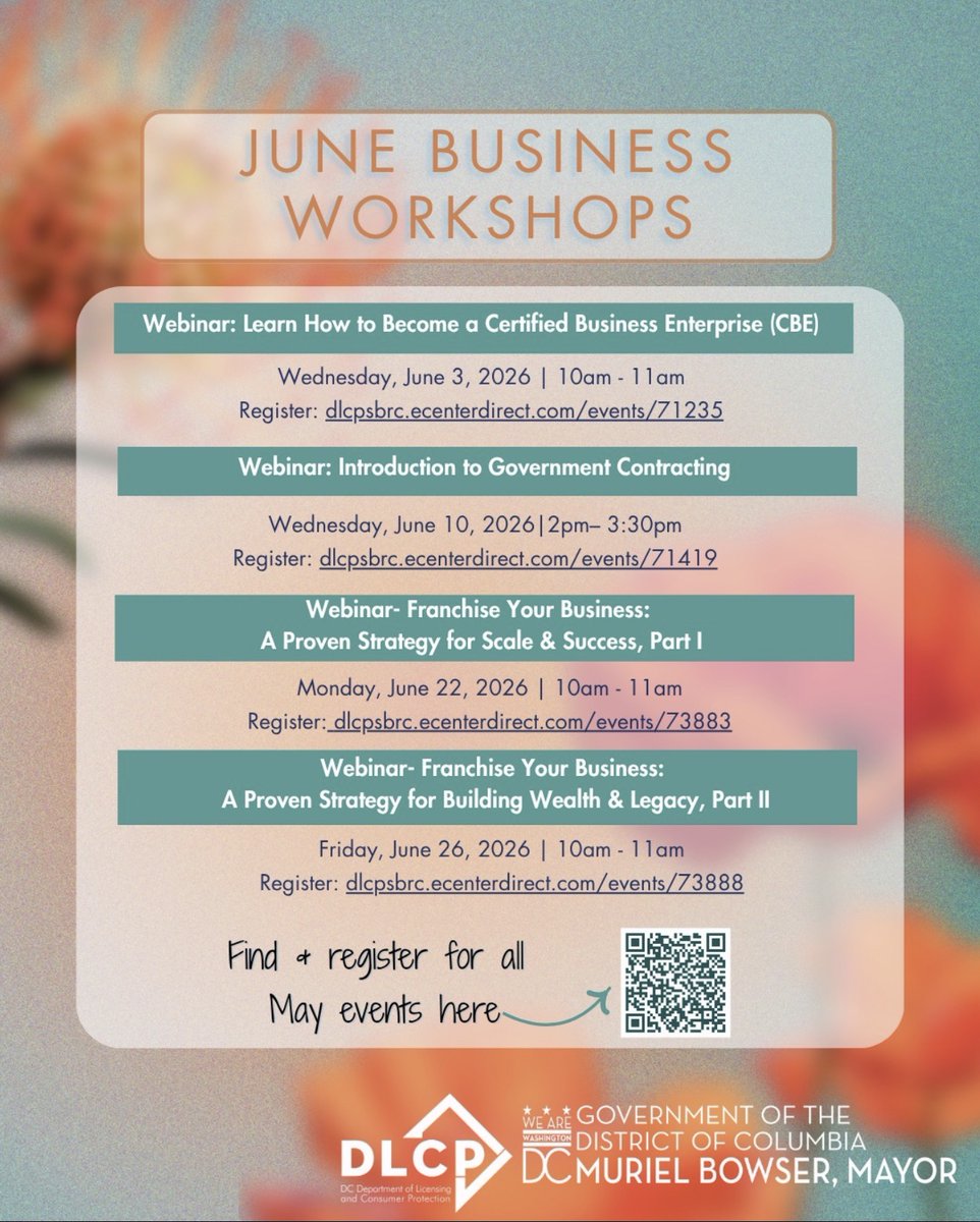 ANC5D's tweet photo. Thinking about starting or growing your business?

DC's DLCP is offering free workshops this June covering CBE certification, government contracting, and business franchising.

Whether you're just getting started or looking to scale, these sessions can help you take the next step https://t.co/aR3YGpEra1