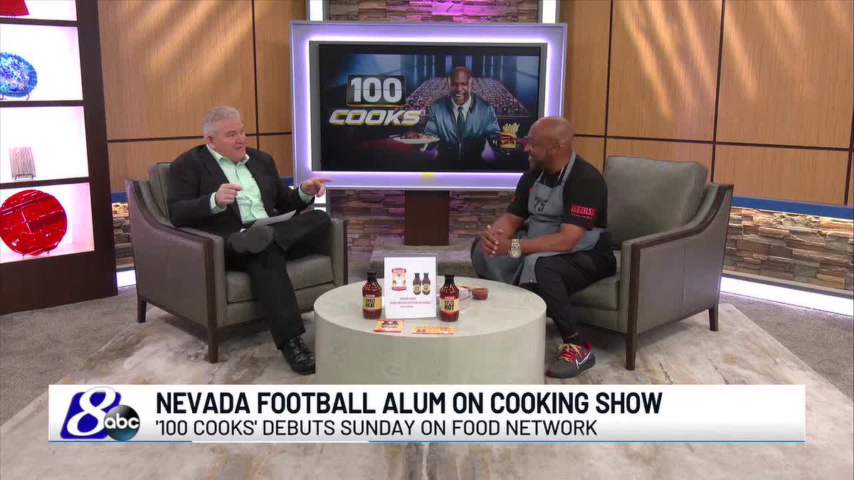 JoshMLittle's tweet photo. A former @NevadaFootball player is going to compete on the new @FoodNetwork show '100 Cooks'! Juan Givens Jr. from @Jeezilsbarbeque joined the 3pm newscast to talk about the opportunity and his BBQ sauces available here in Reno.
https://t.co/tnTyPbP4un https://t.co/sSVsmpBirb