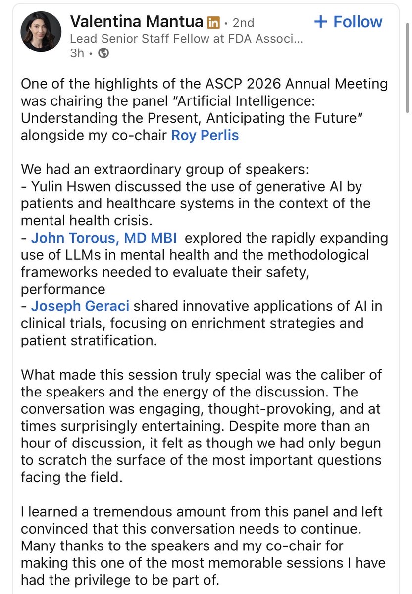 Merlin_Asset's tweet photo. ASCP 2026 #Pharma panel on “AI: Understanding Present, Anticipating the future” 

Hosted by:
• Valentina Mantua from FDA
• Roy Perlis from JAMA 
Speakers:
• Joe Geraci from NetraMark $AIAI.TO 
• John Torous from Harvard 
• Yulin Hswen from UCSG

AI will transform Pharma https://t.co/oU60wTBs2C
